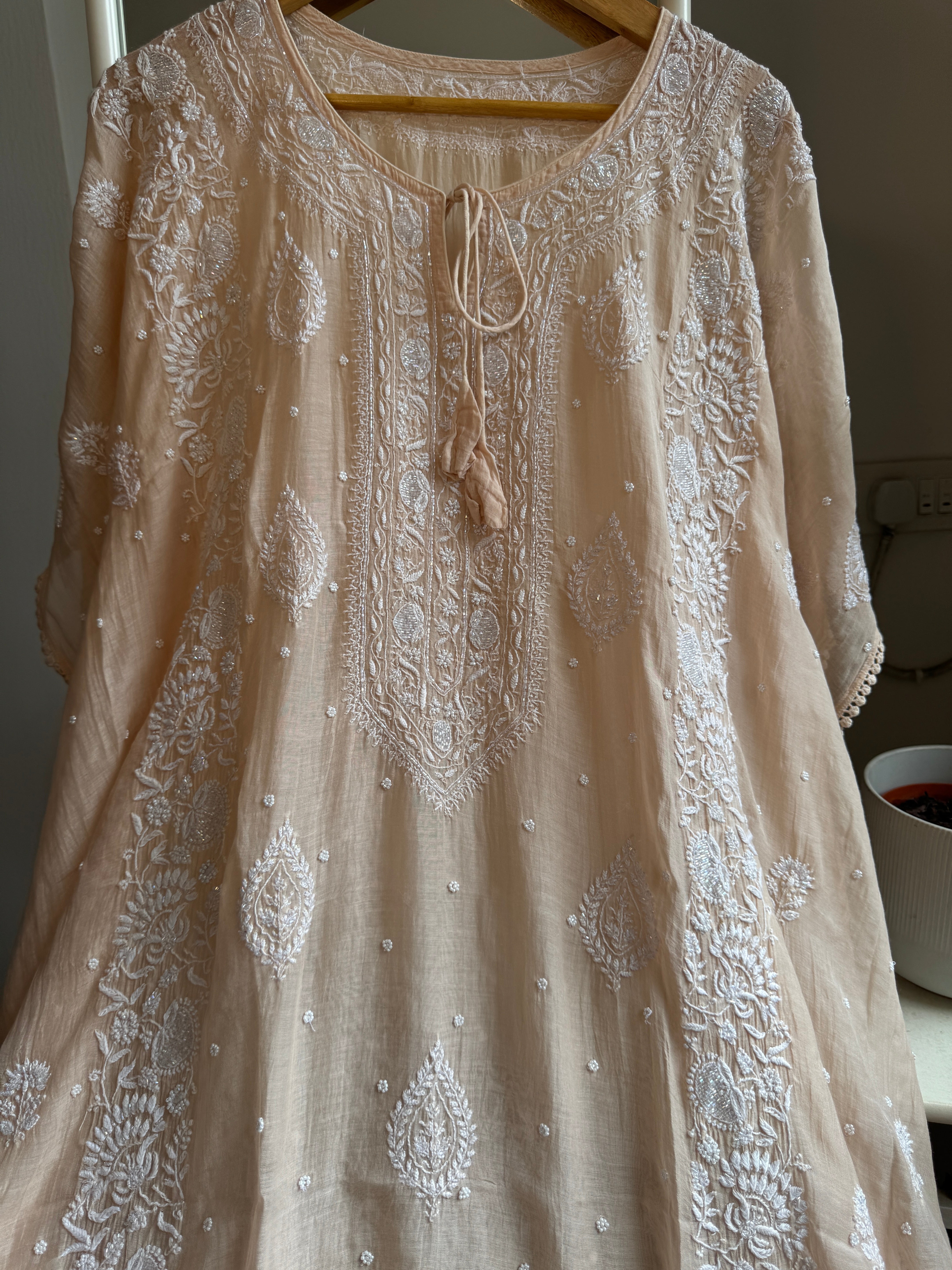 Mul Chanderi Chikankari Kaftan - Blush peach ARIAA CHIKANKARI 