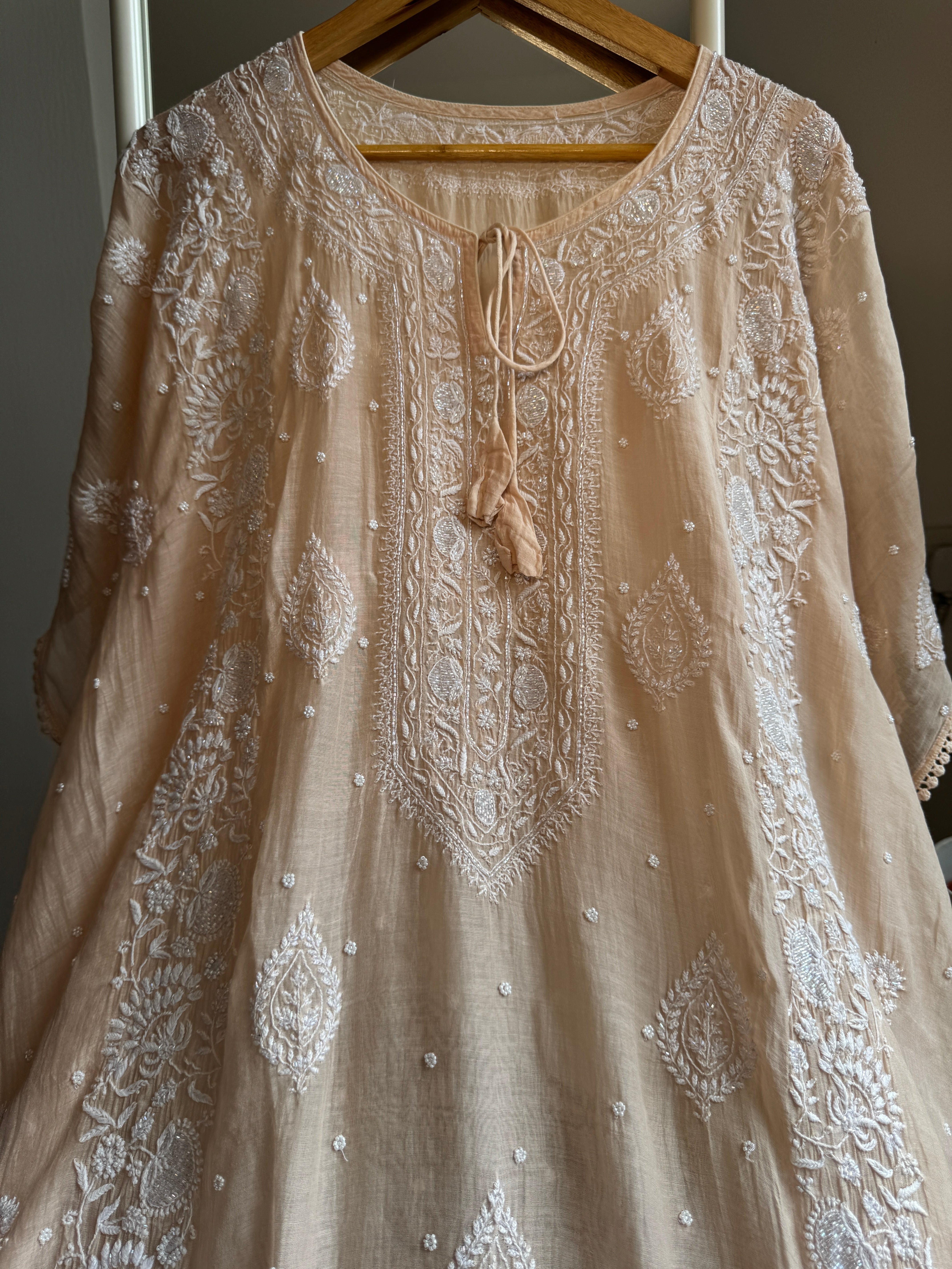 Mul Chanderi Chikankari Kaftan - Blush peach ARIAA CHIKANKARI 