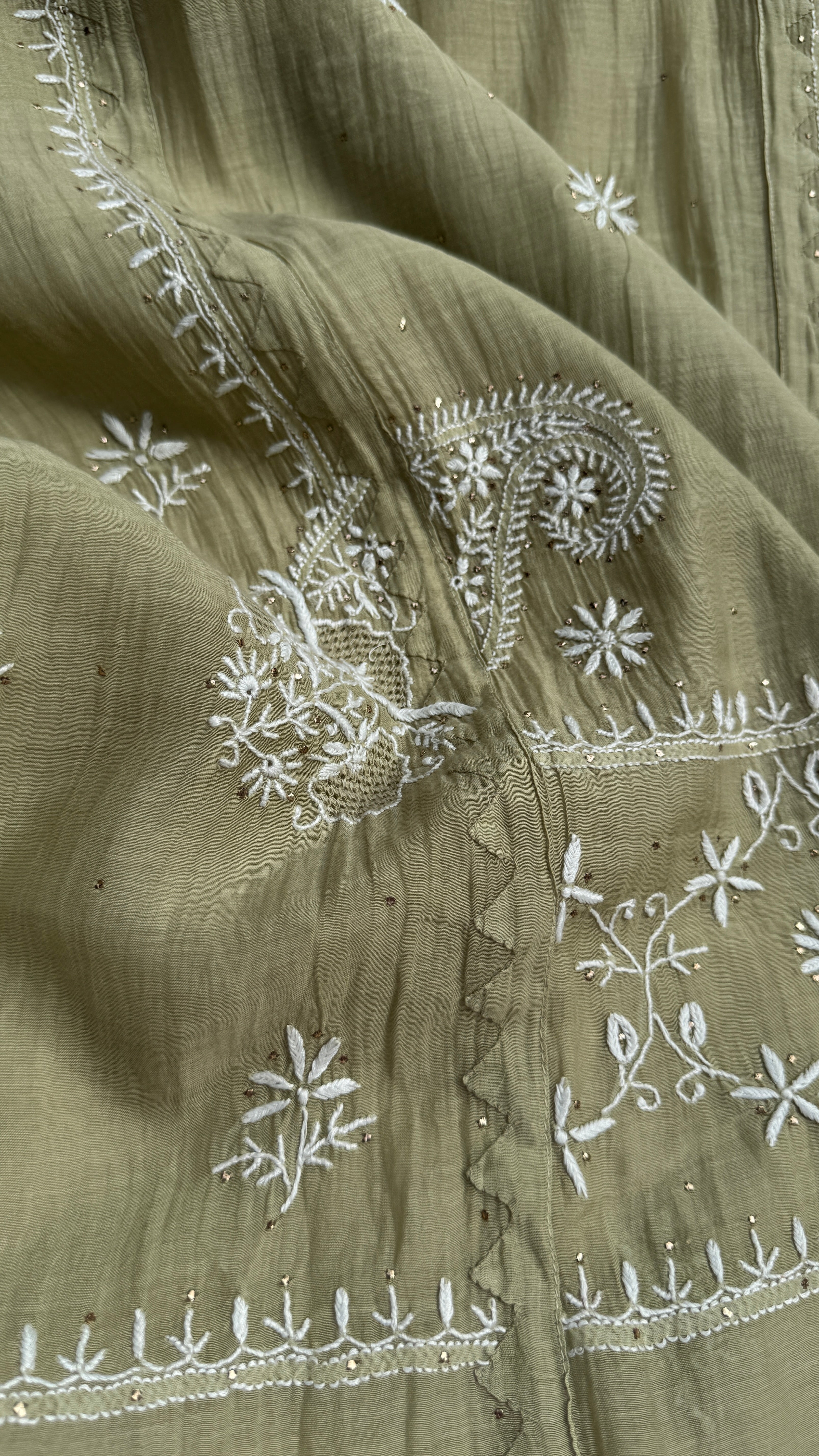 Mul Chanderi Chikankari Unstitched Length with Dupatta with Mukaish Add-On- Sheen Green