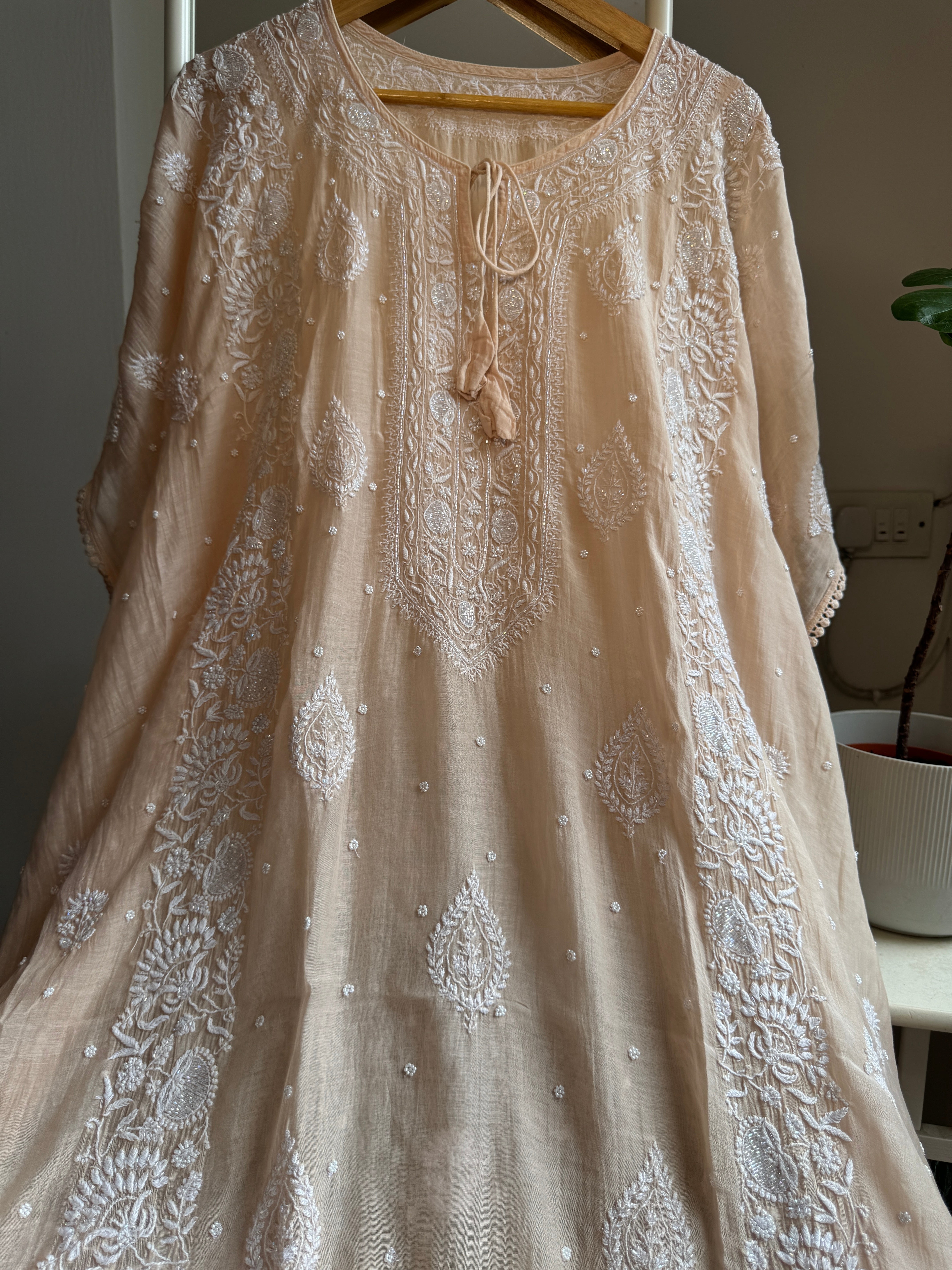 Mul Chanderi Chikankari Kaftan - Blush peach ARIAA CHIKANKARI 