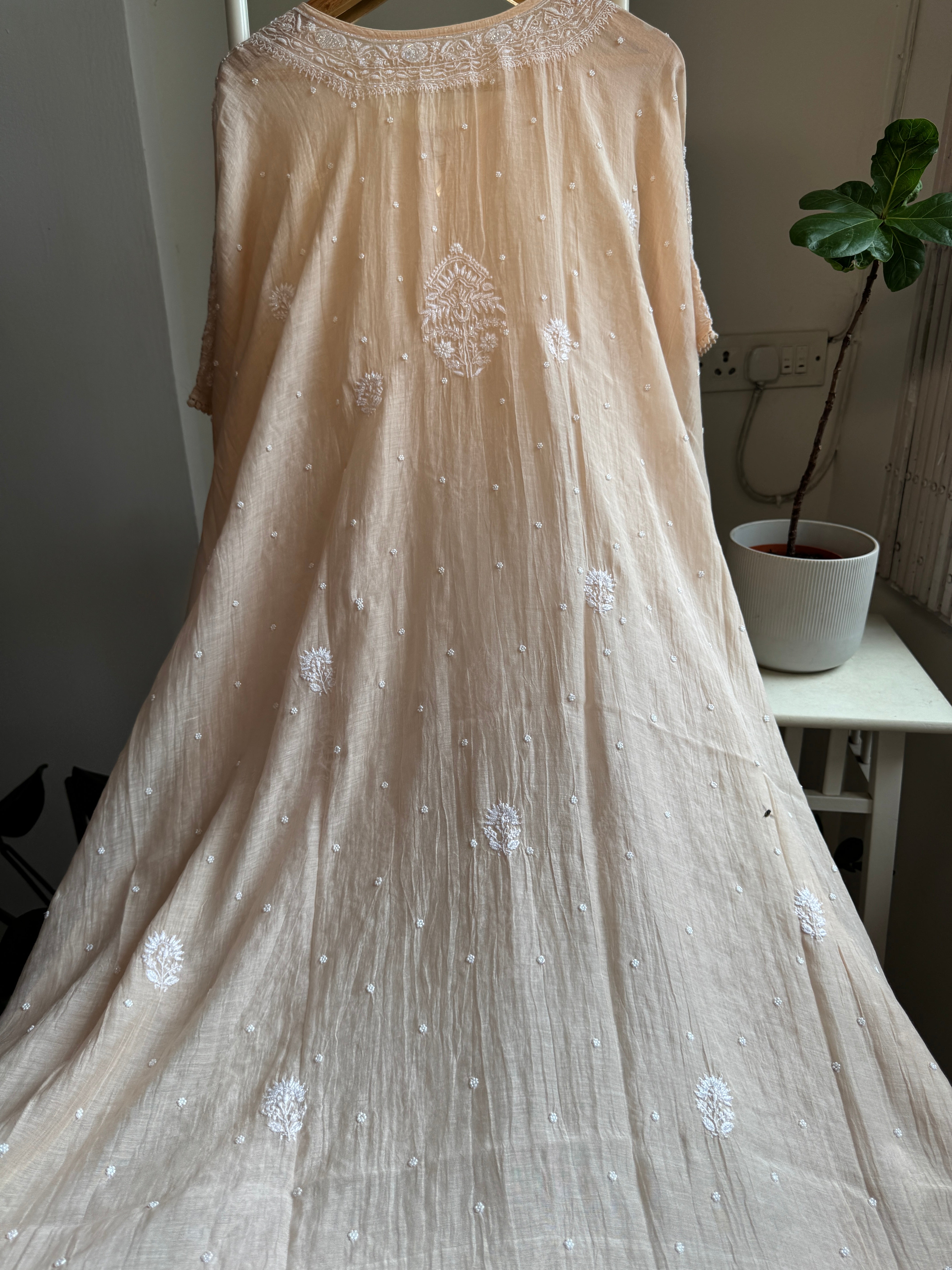 Mul Chanderi Chikankari Kaftan - Blush peach ARIAA CHIKANKARI 