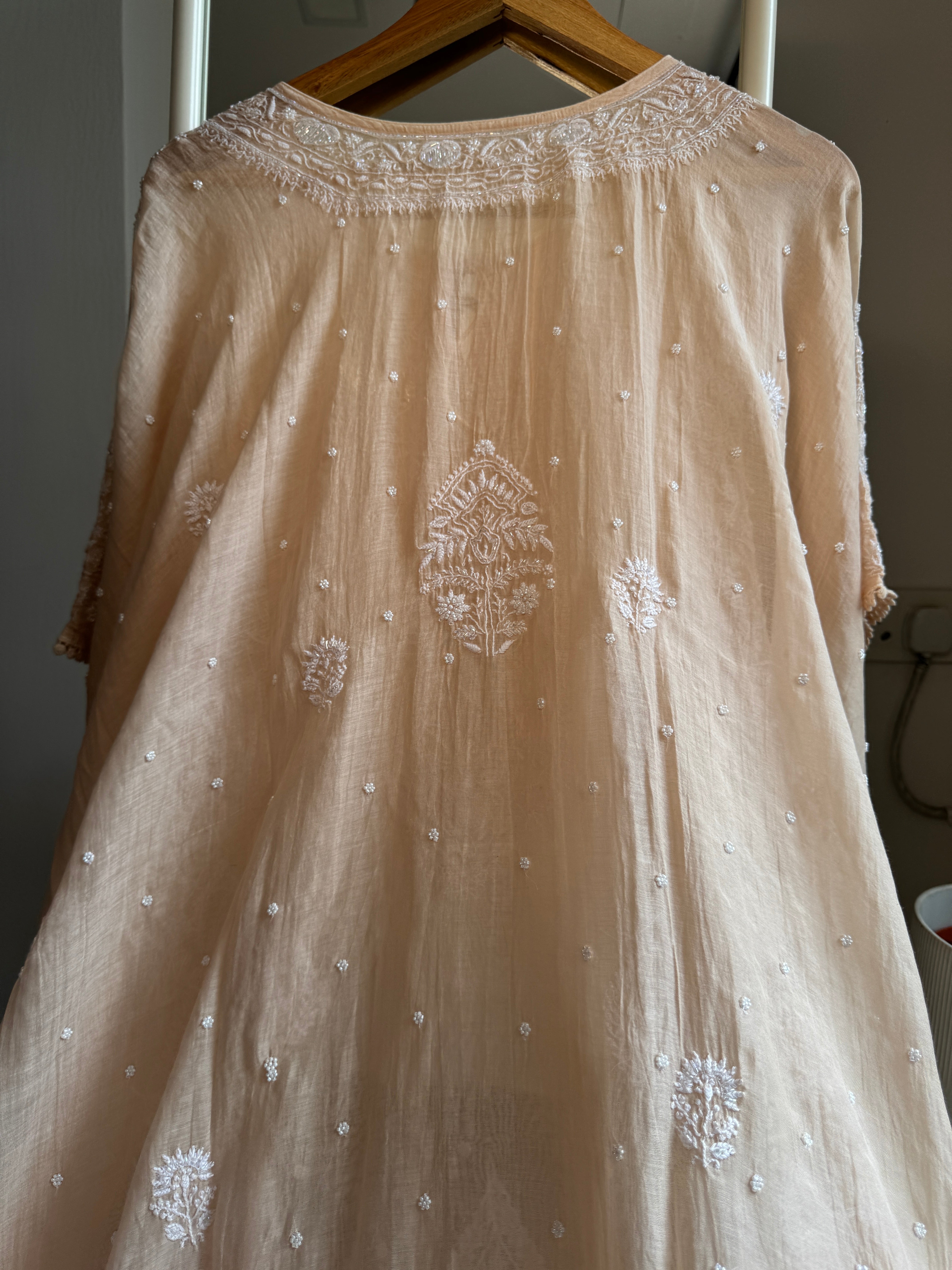 Mul Chanderi Chikankari Kaftan - Blush peach ARIAA CHIKANKARI 