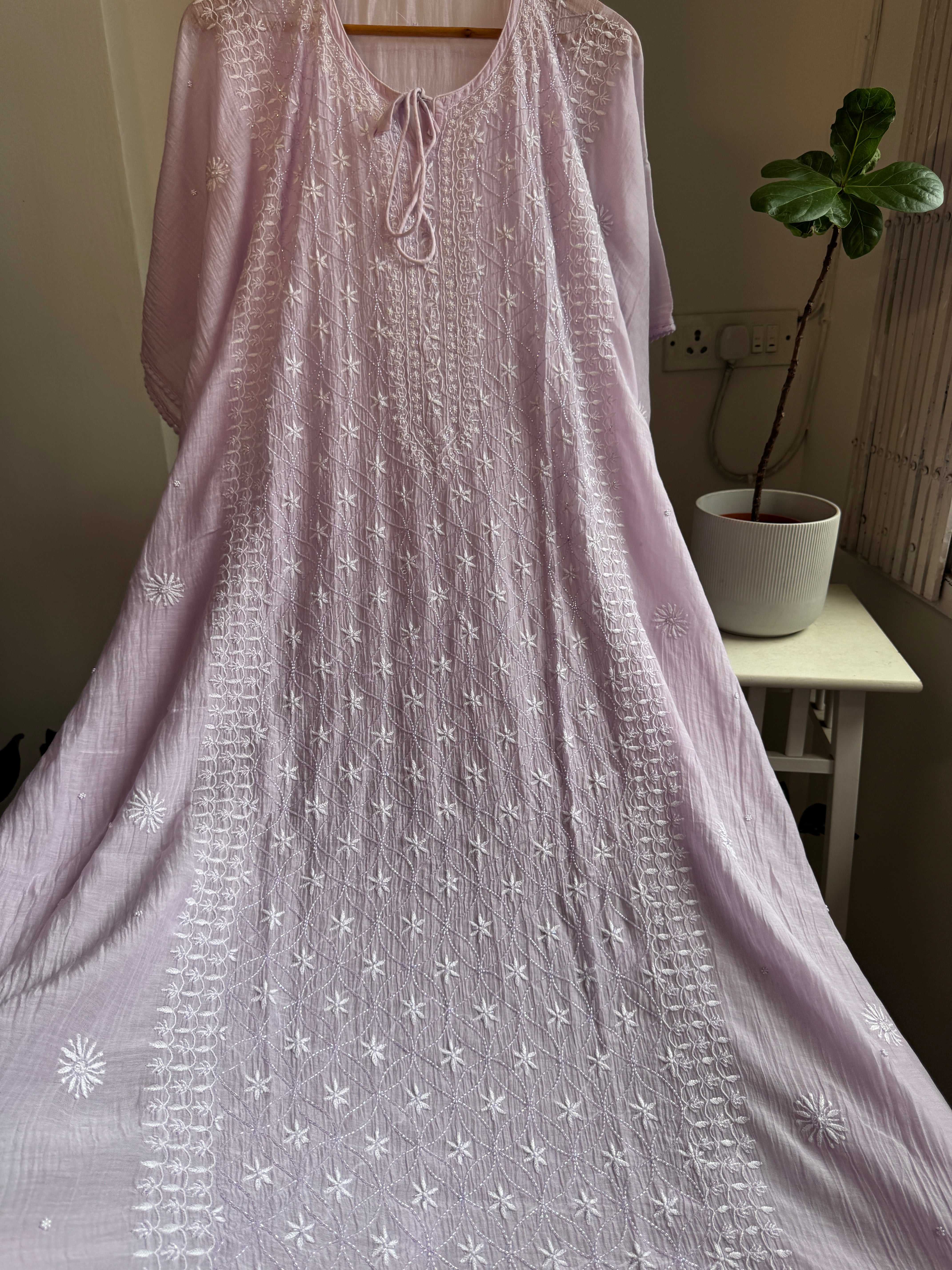 Mul Chanderi Chikankari Kaftan - Lilac ARIAA CHIKANKARI 