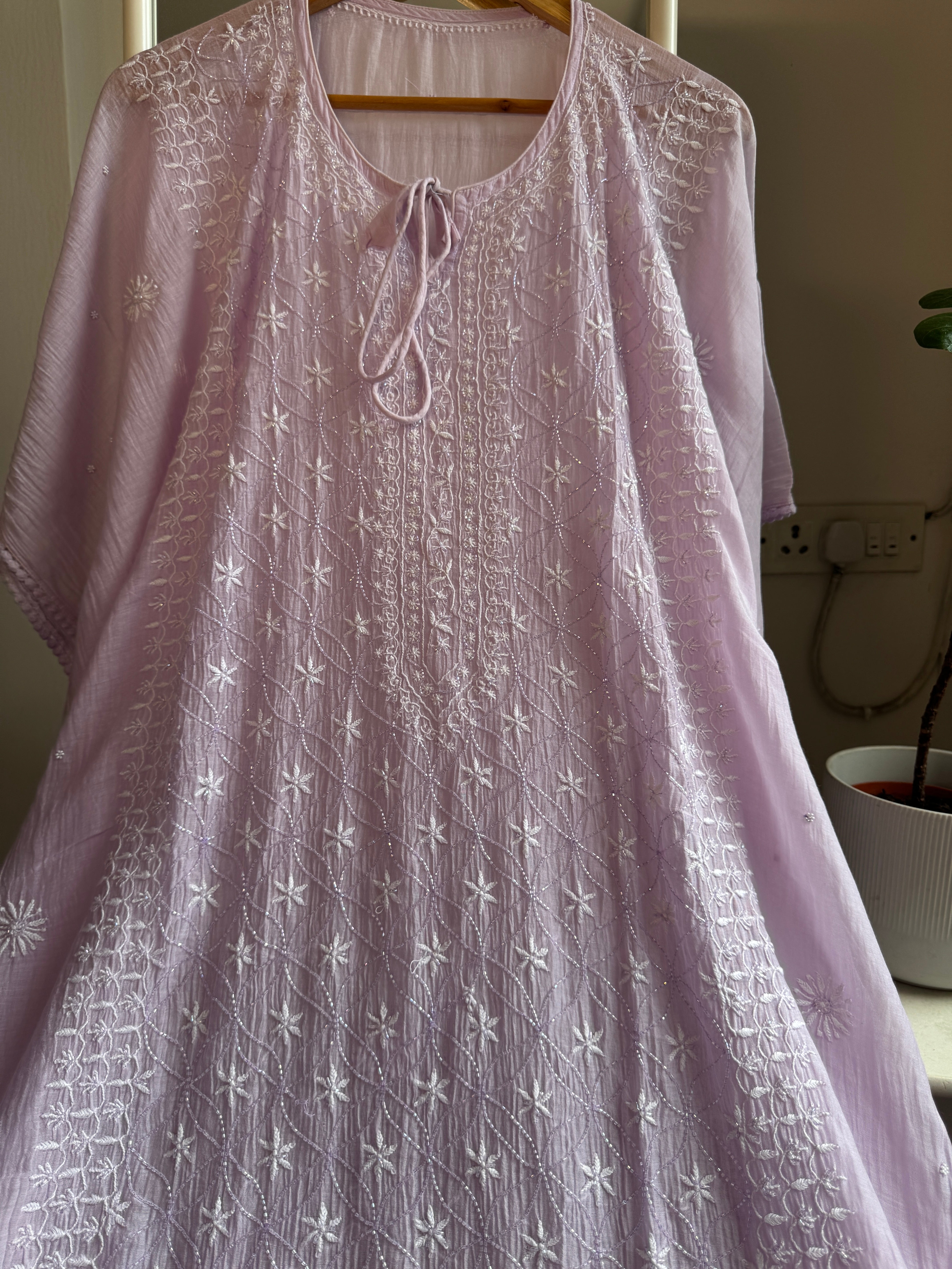 Mul Chanderi Chikankari Kaftan - Lilac ARIAA CHIKANKARI 