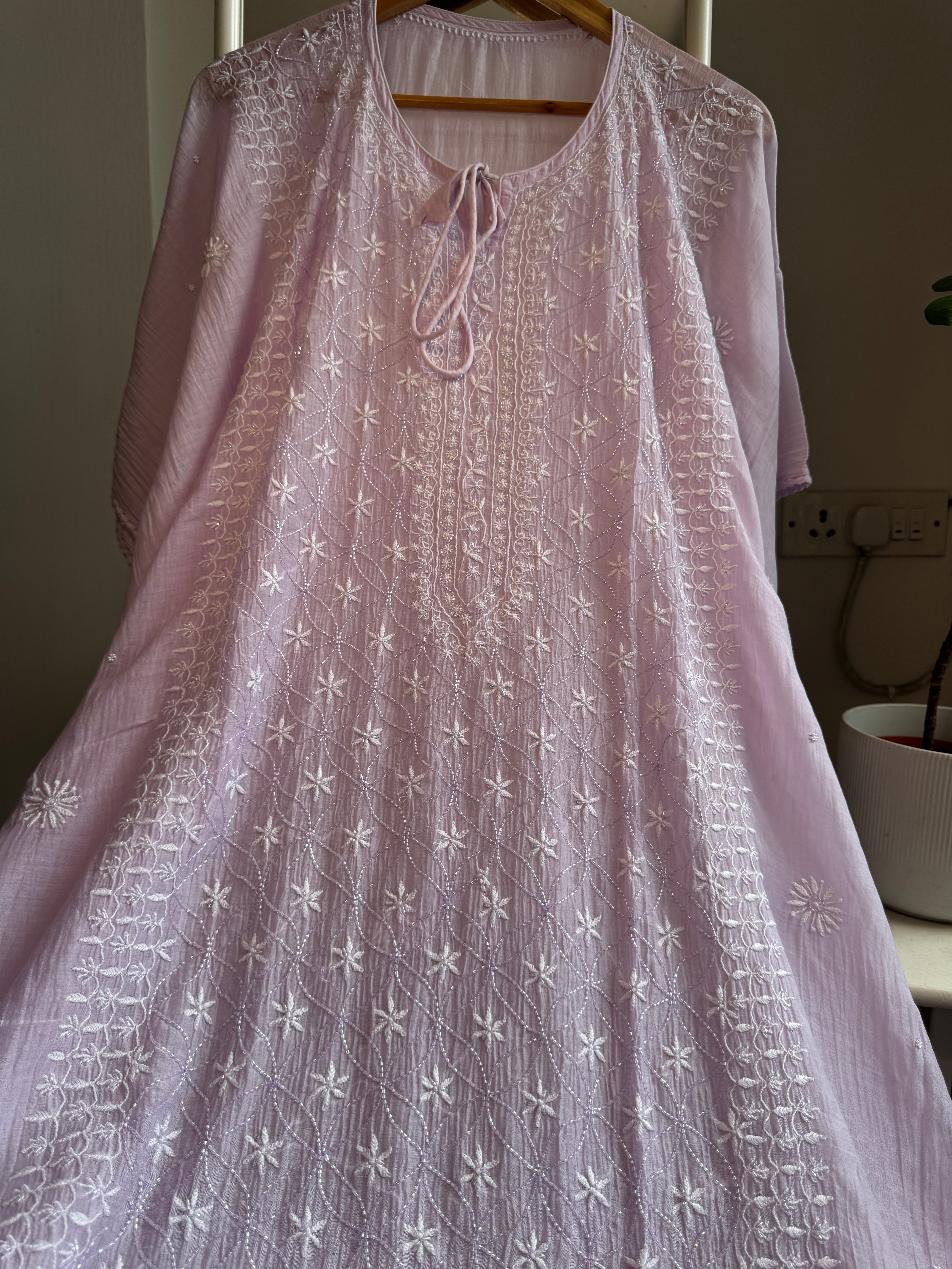 Mul Chanderi Chikankari Kaftan - Lilac ARIAA CHIKANKARI 