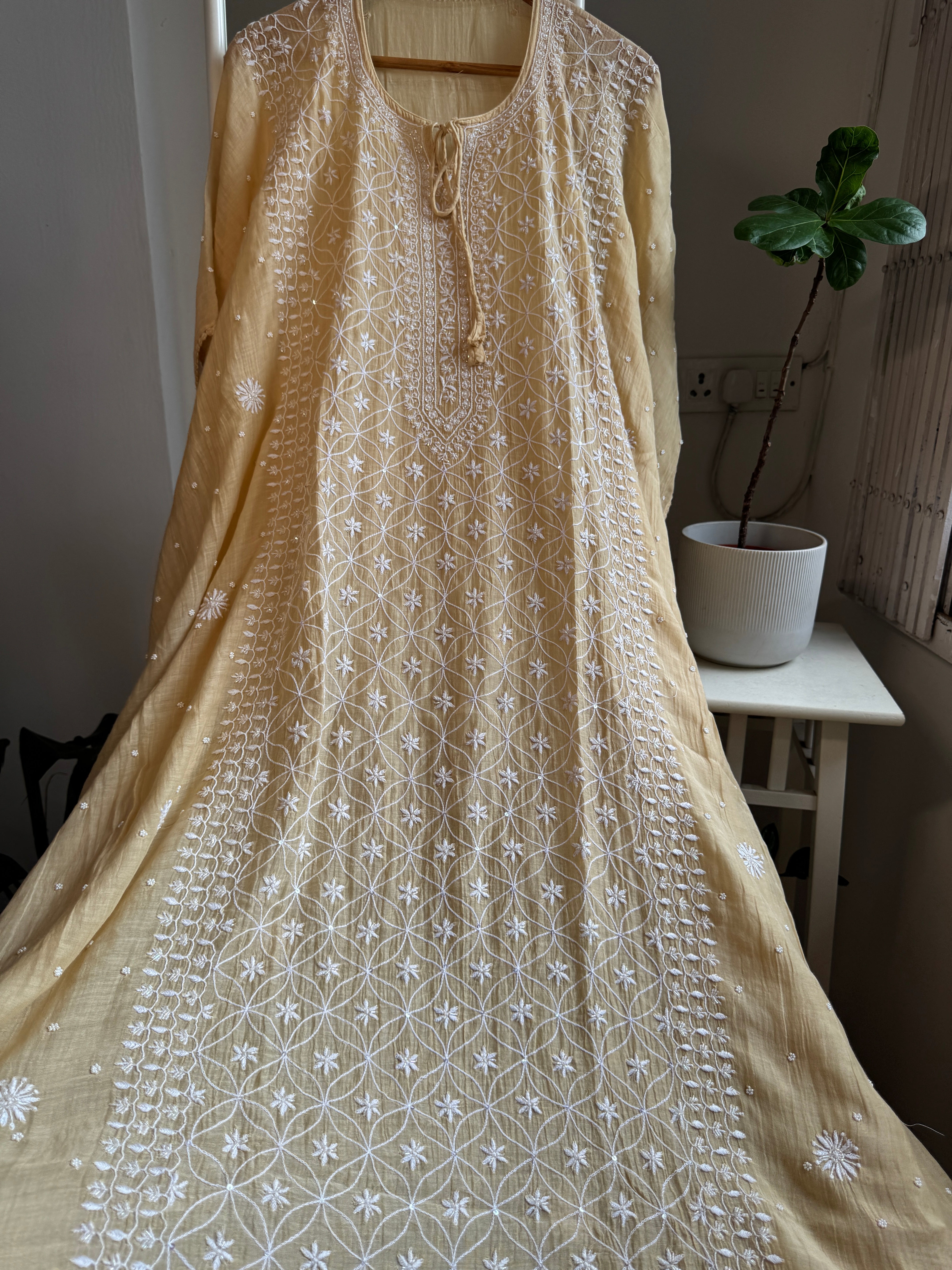 Mul Chanderi Chikankari Kaftan - Beige ARIAA CHIKANKARI 