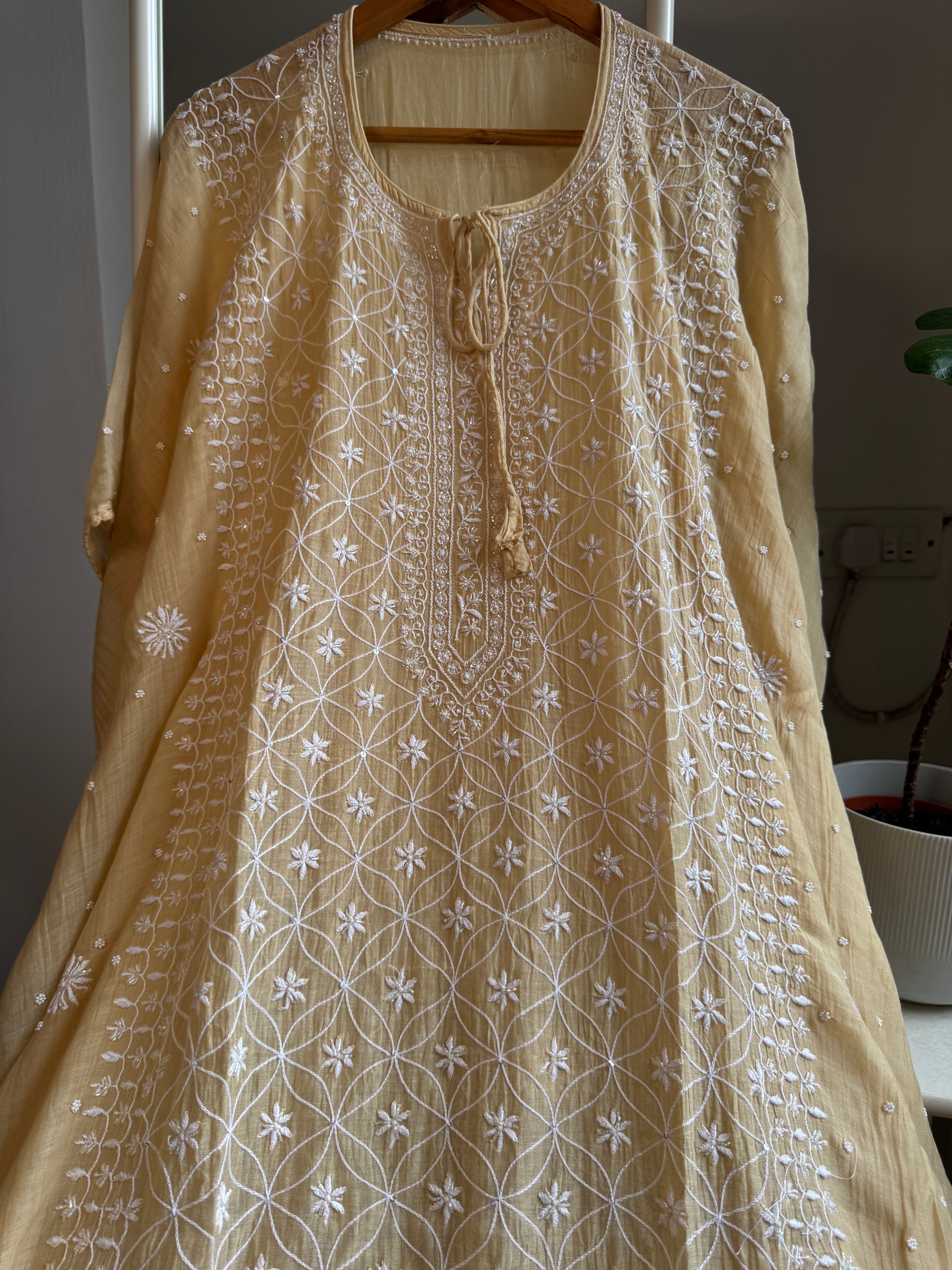 Mul Chanderi Chikankari Kaftan - Beige ARIAA CHIKANKARI 