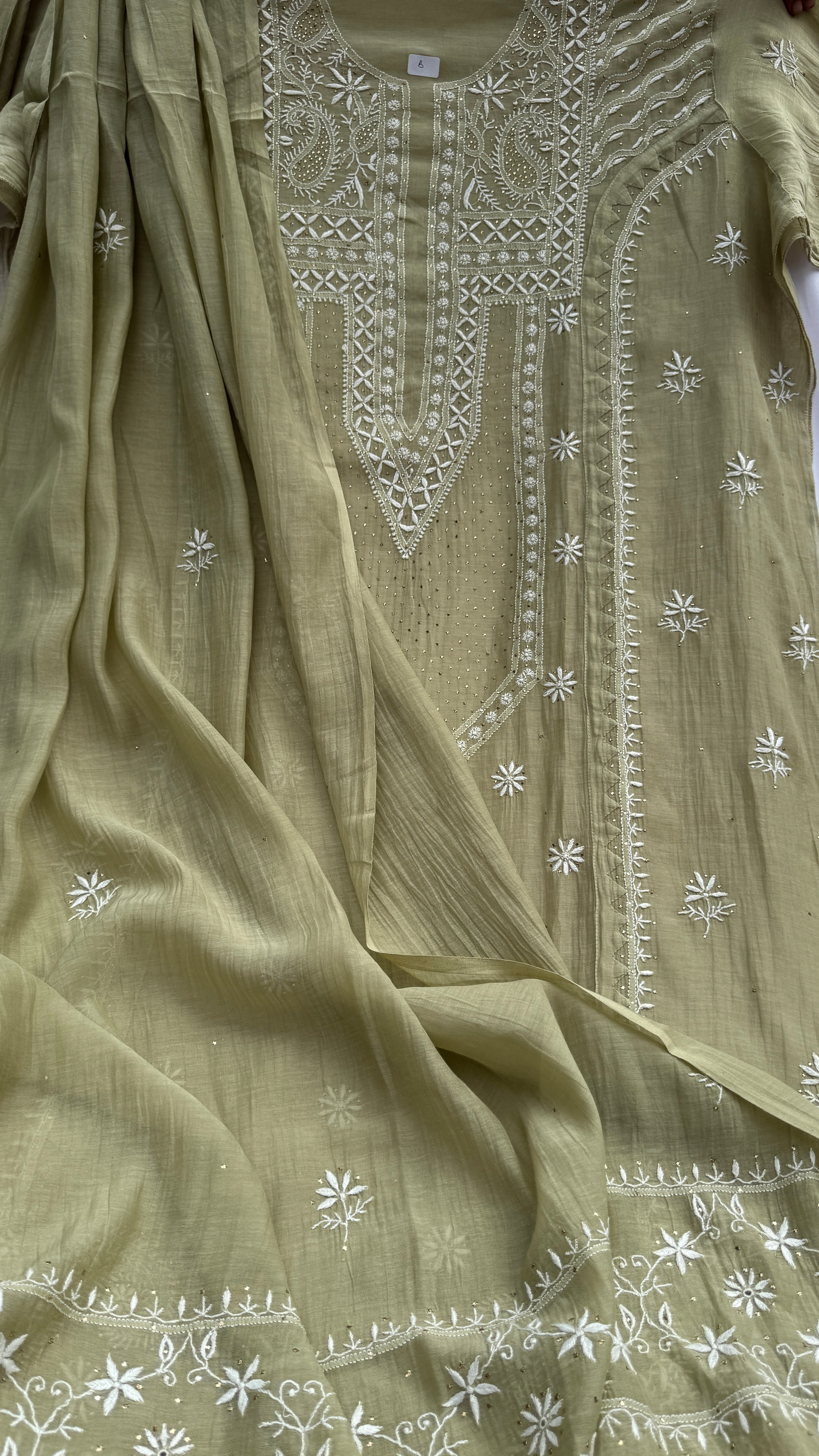 Mul Chanderi Chikankari Unstitched Length with Dupatta with Mukaish Add-On- Sheen Green