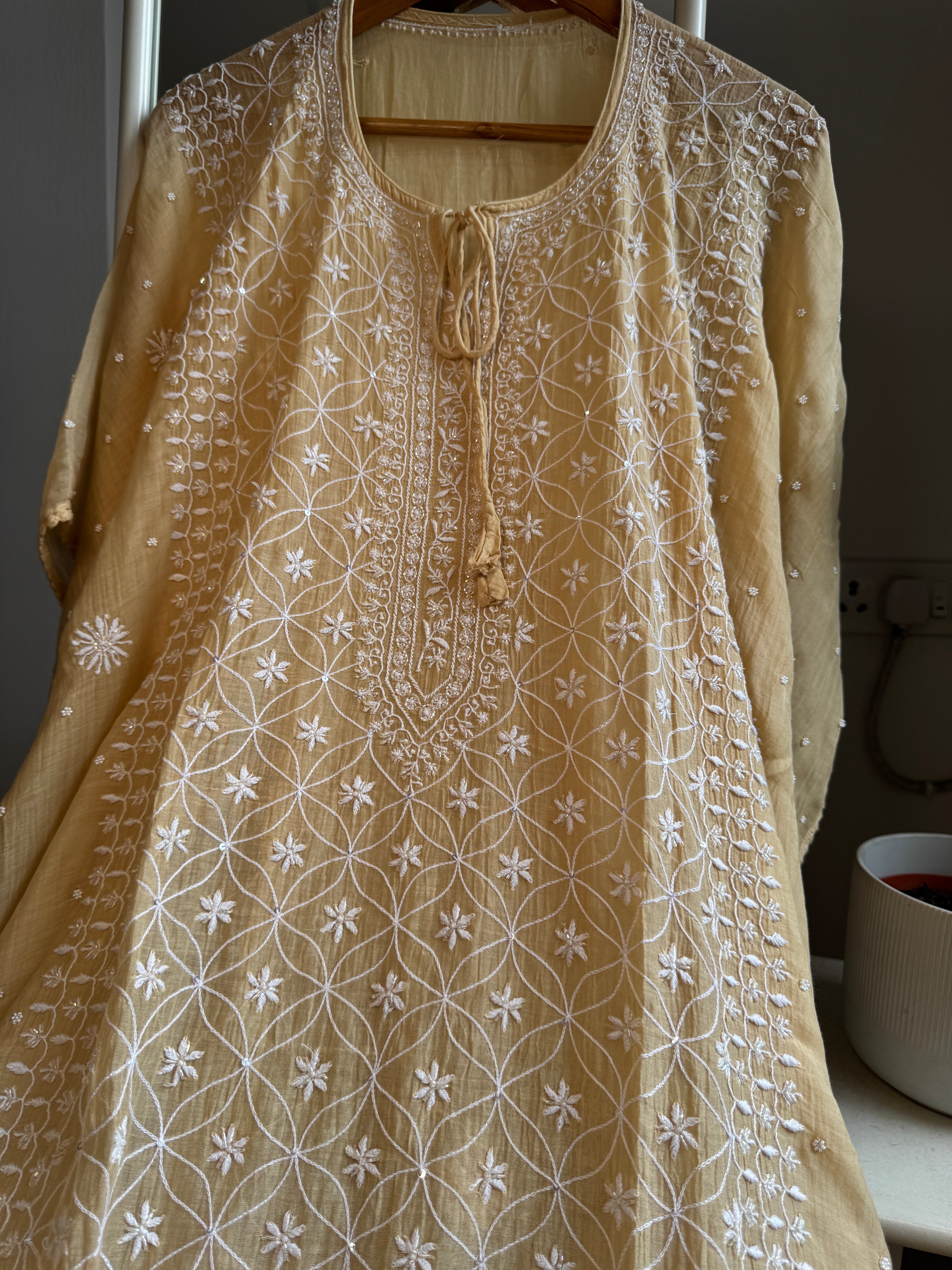 Mul Chanderi Chikankari Kaftan - Beige ARIAA CHIKANKARI 