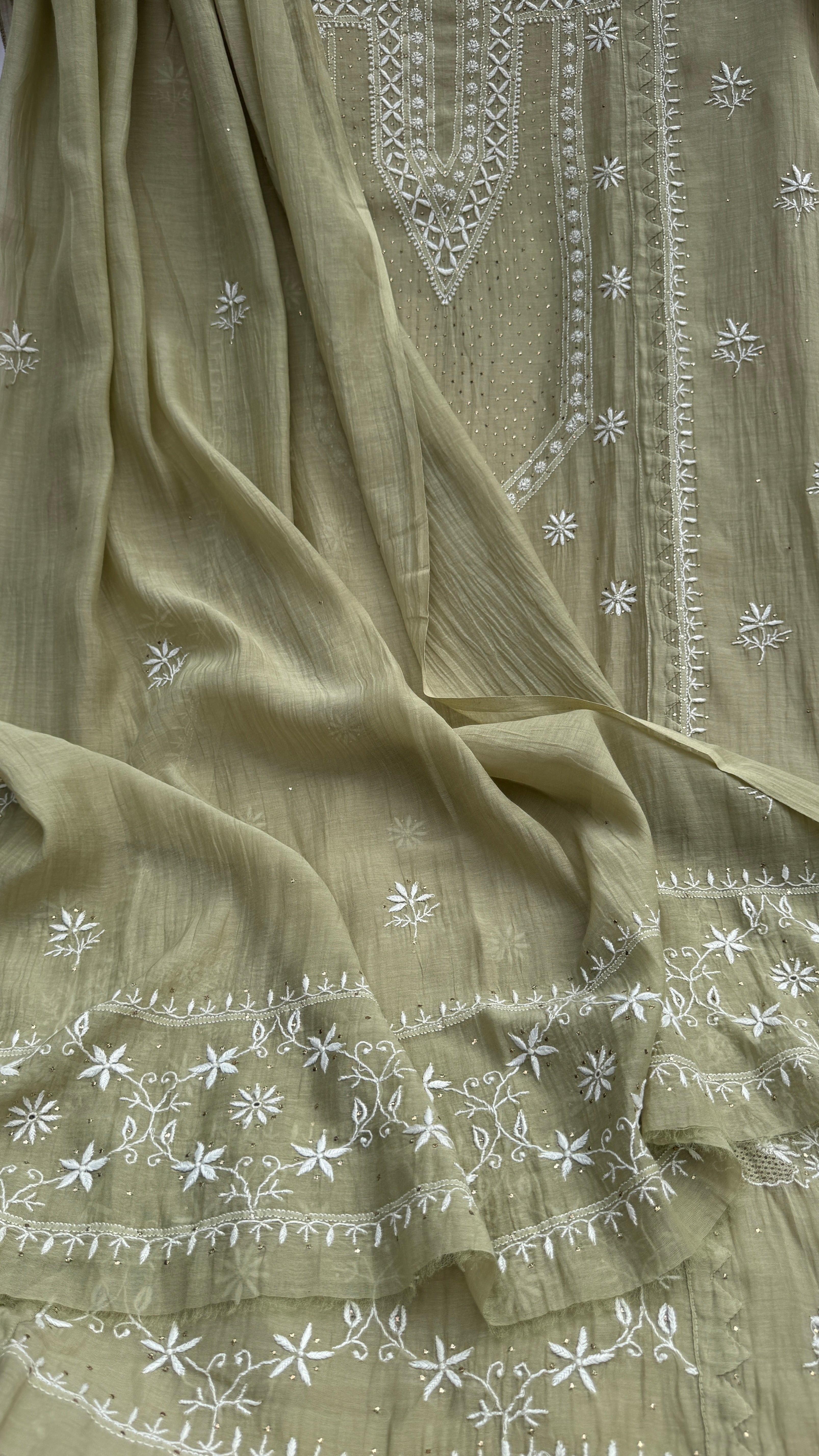Mul Chanderi Chikankari Unstitched Length with Dupatta with Mukaish Add-On- Sheen Green