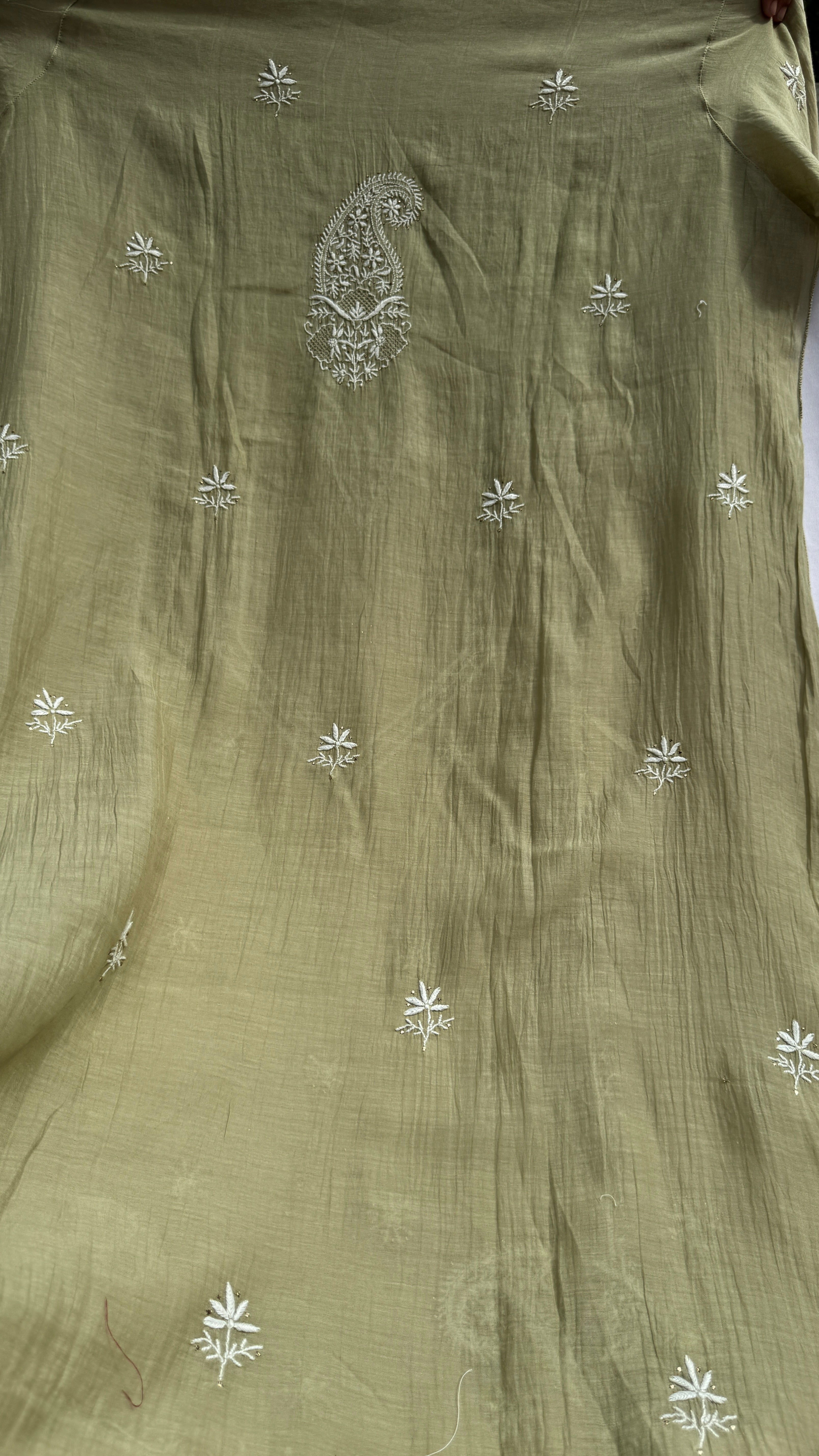 Mul Chanderi Chikankari Unstitched Length with Dupatta with Mukaish Add-On- Sheen Green