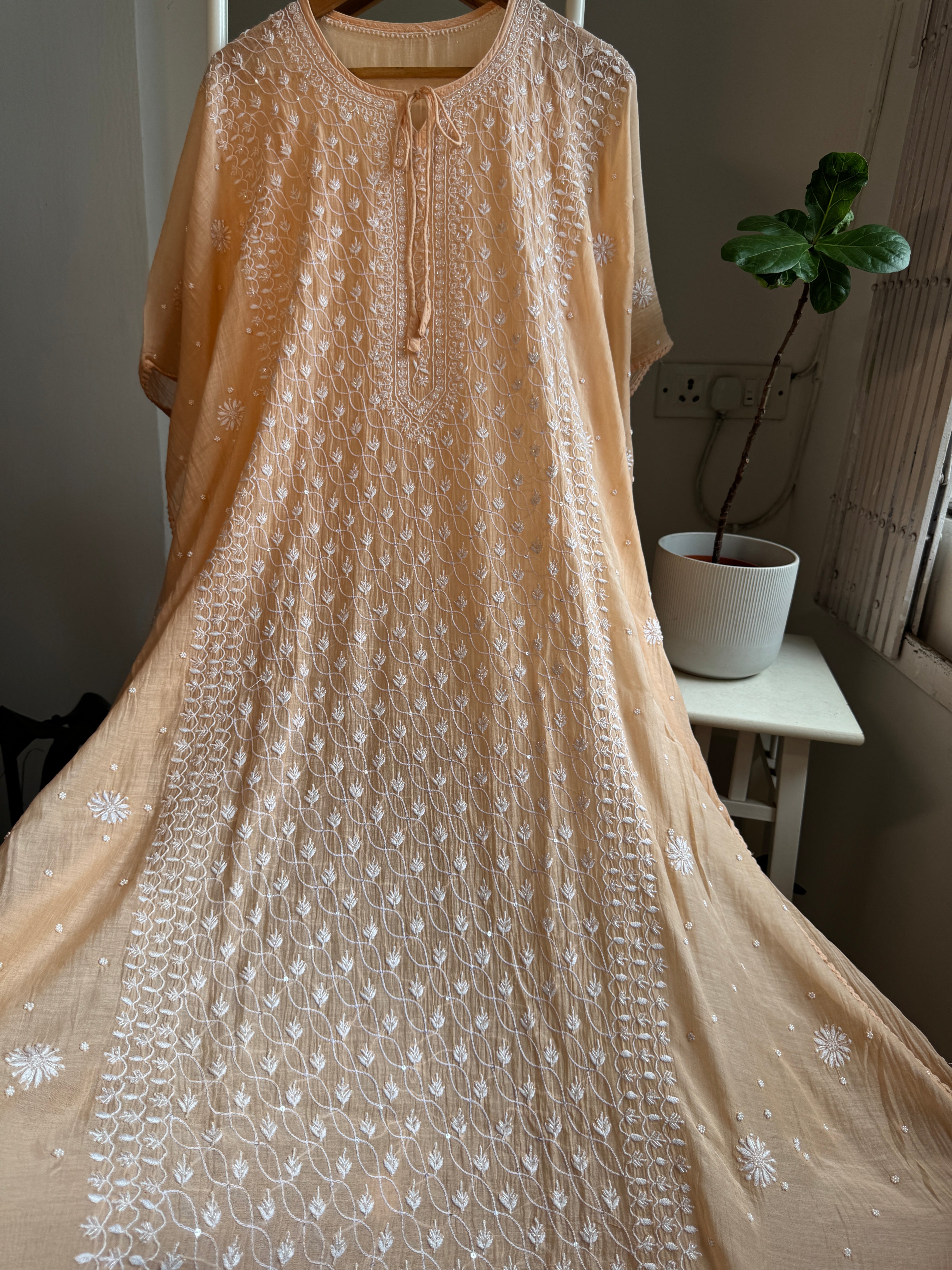 Mul Chanderi Chikankari Kaftan - Peach ARIAA CHIKANKARI 