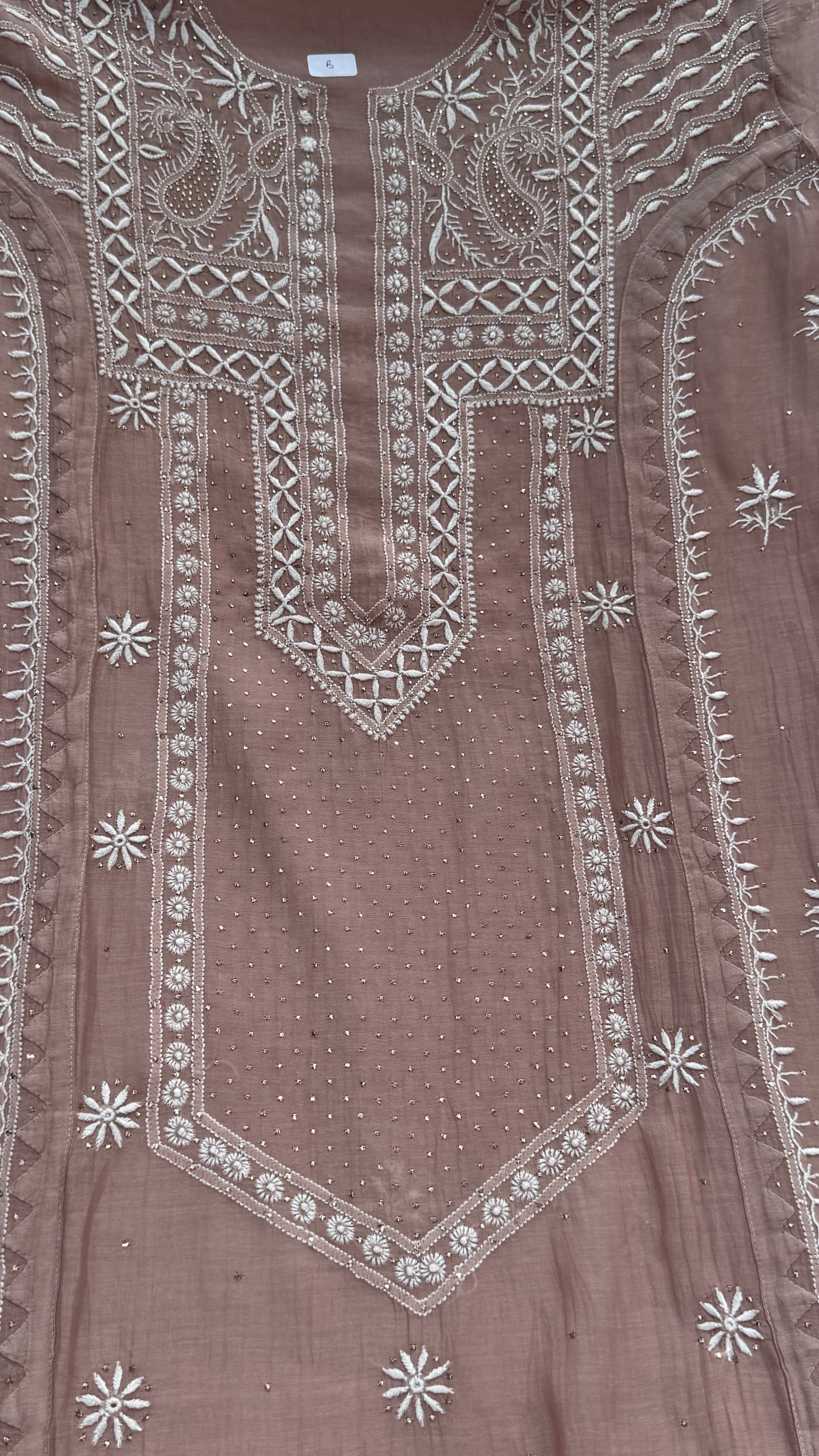 Mul Chanderi Chikankari Unstitched Length with Dupatta with Mukaish Add-On- Rose Brown