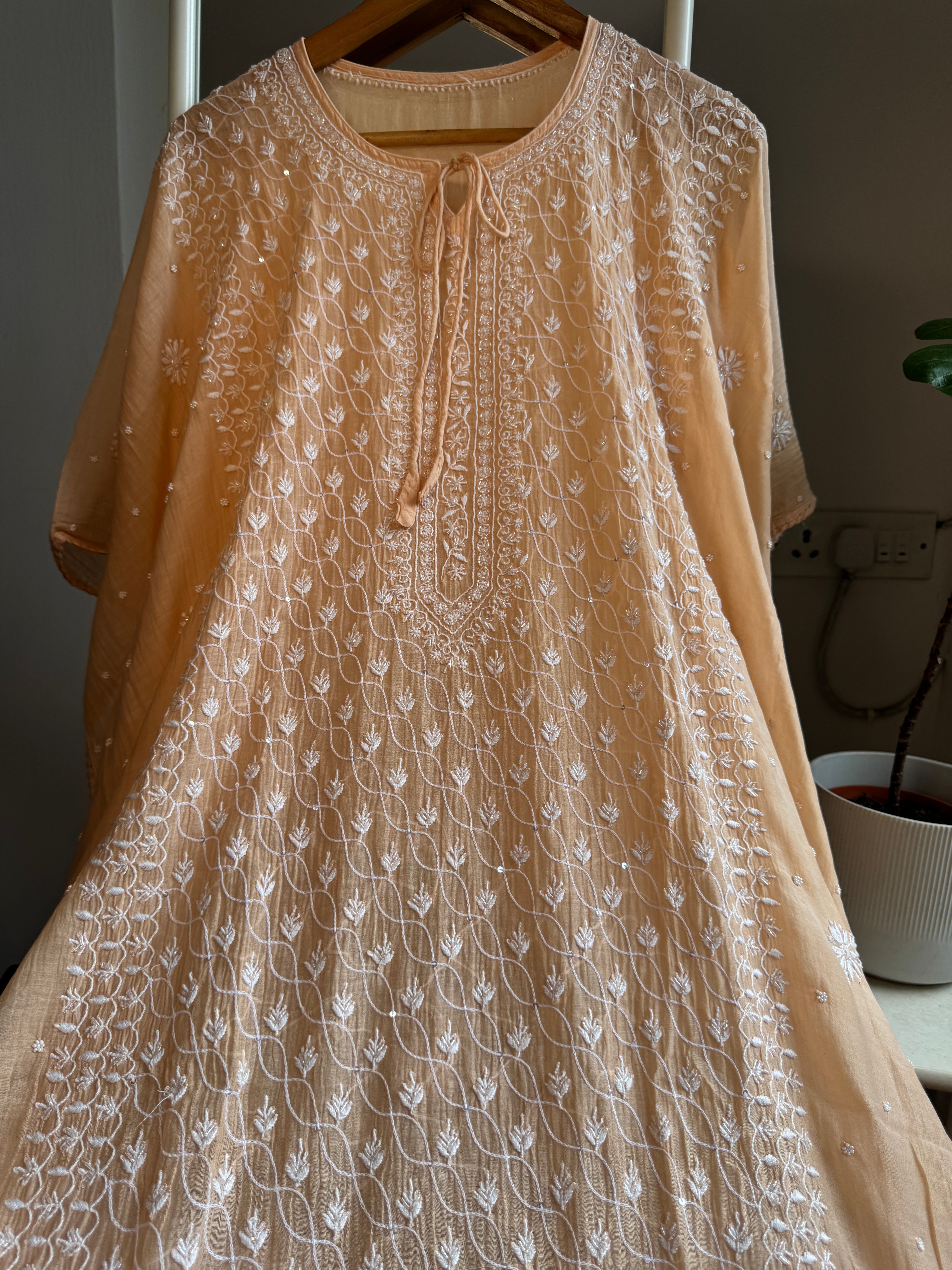 Mul Chanderi Chikankari Kaftan - Peach ARIAA CHIKANKARI 