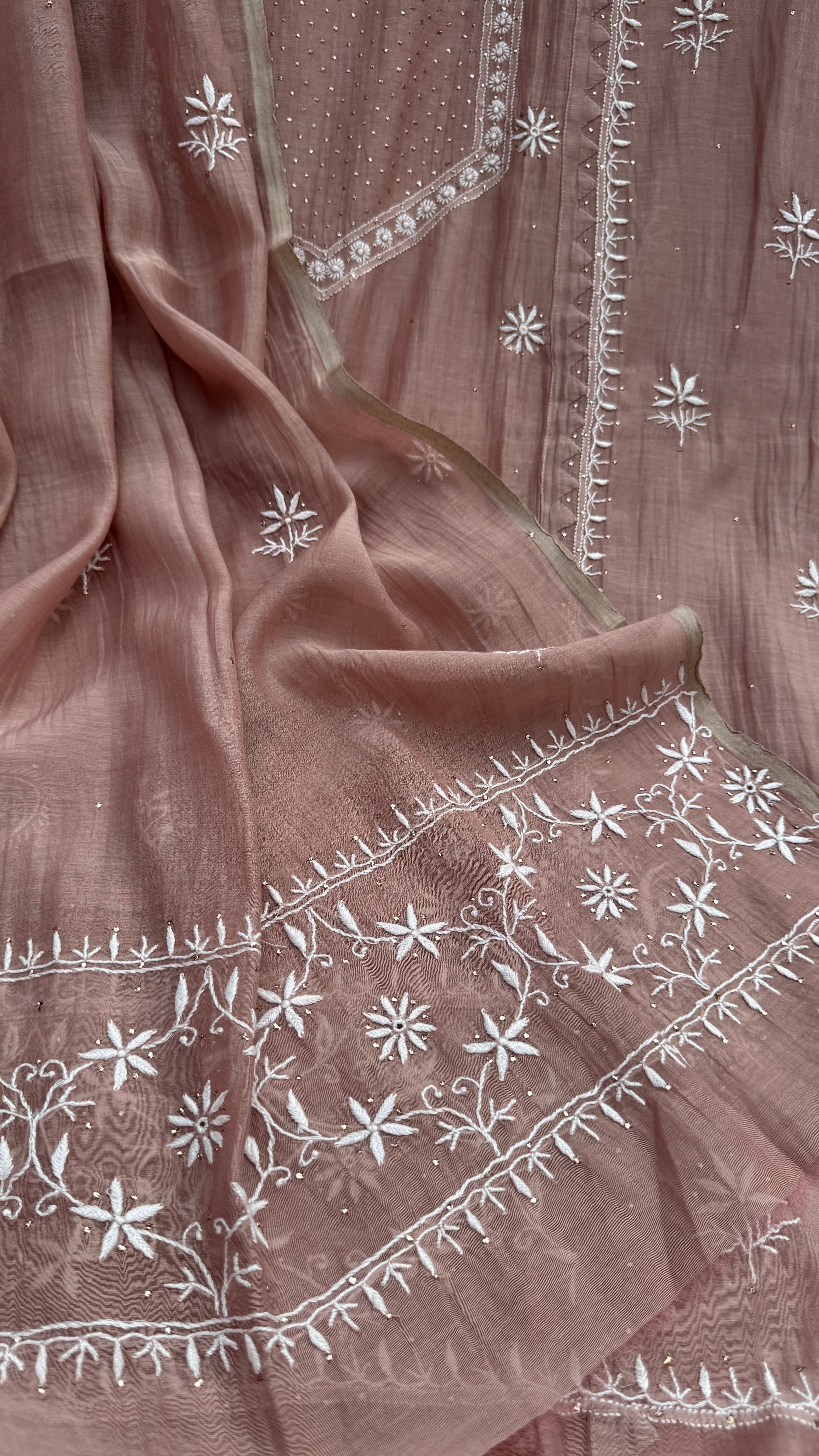 Mul Chanderi Chikankari Unstitched Length with Dupatta with Mukaish Add-On- Rose Brown