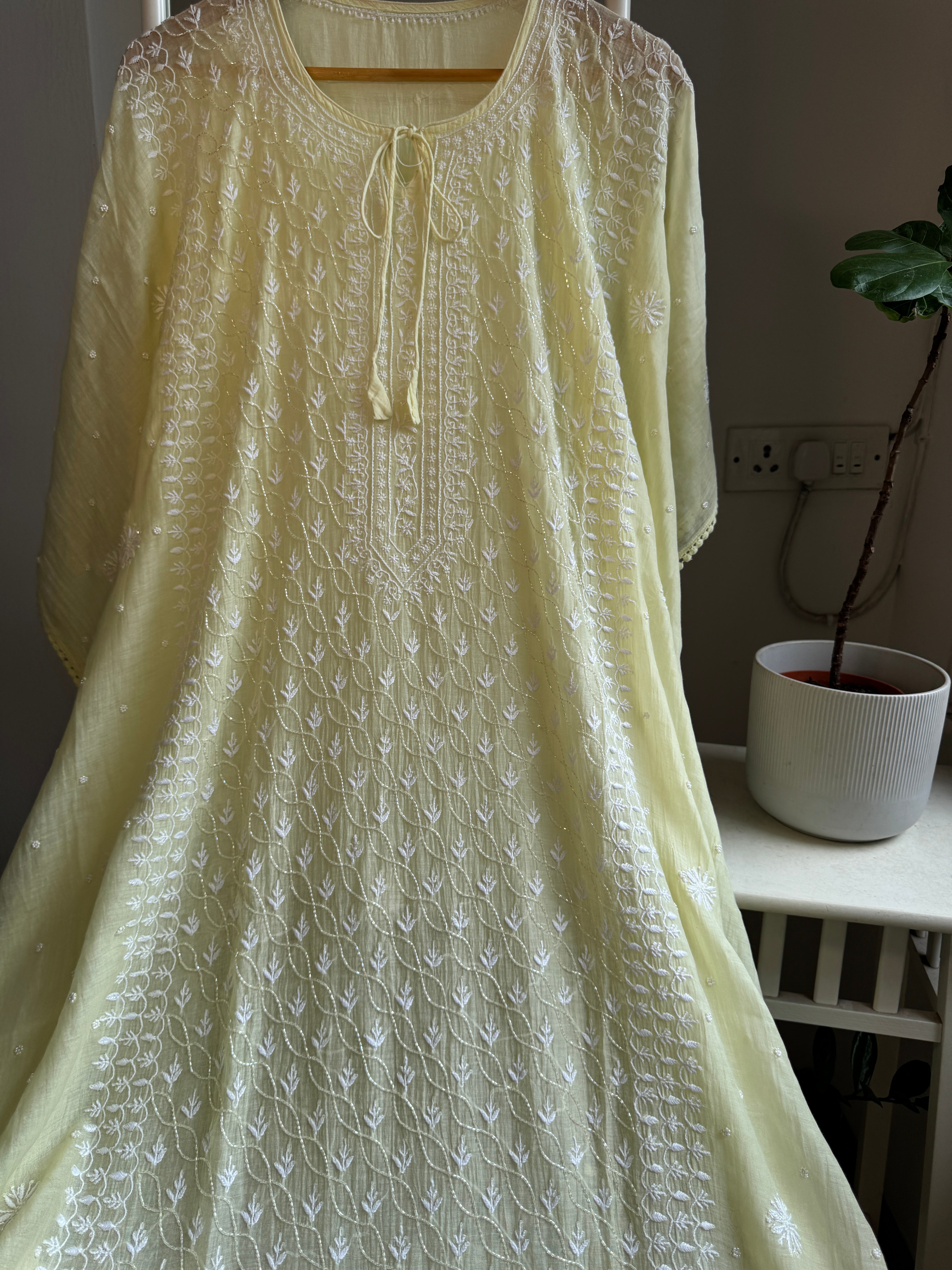 Mul Chanderi Chikankari Kaftan - Light Yellow ARIAA CHIKANKARI 