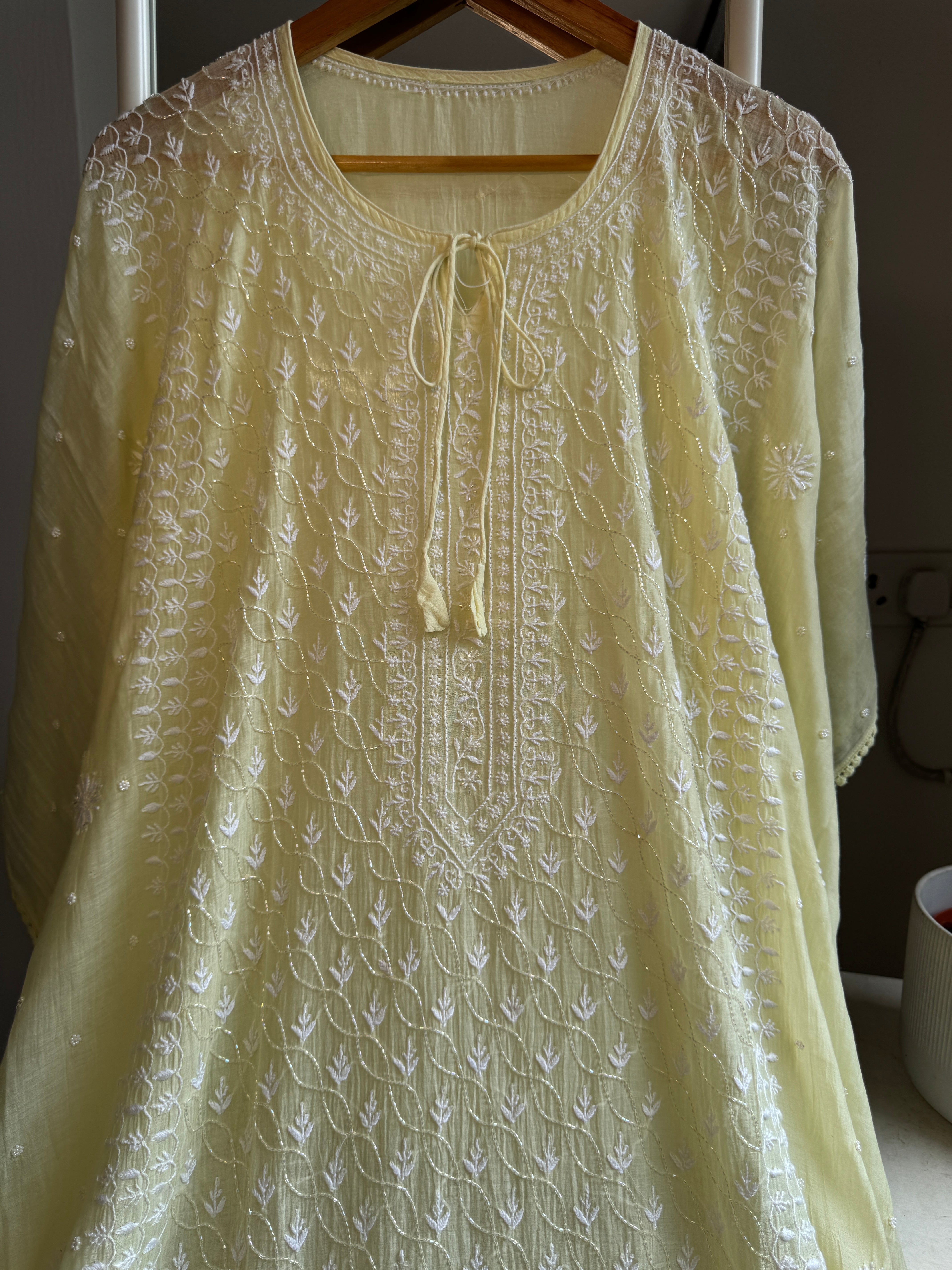 Mul Chanderi Chikankari Kaftan - Light Yellow ARIAA CHIKANKARI 