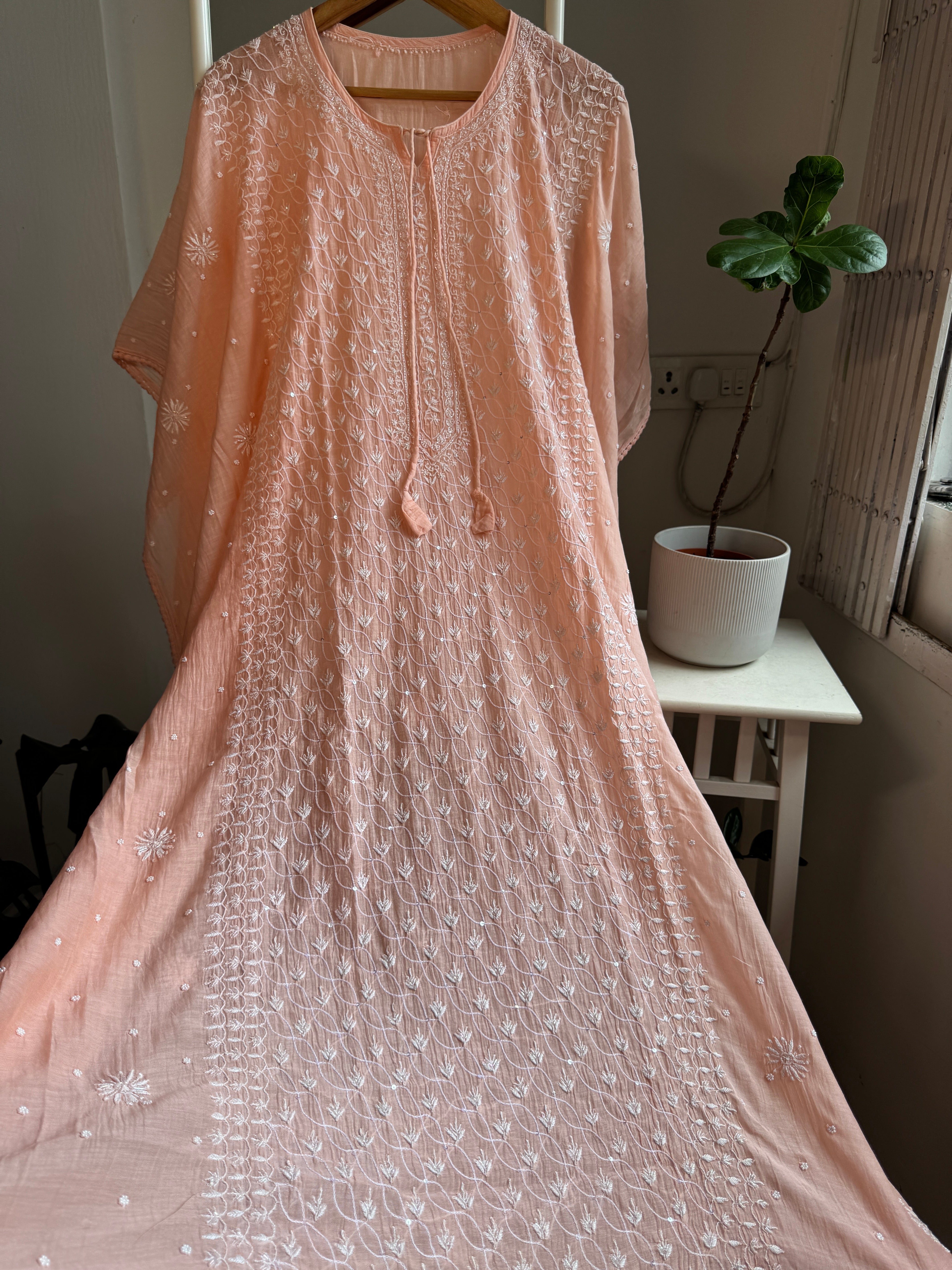 Mul Chanderi Chikankari Kaftan - Peach ARIAA CHIKANKARI 