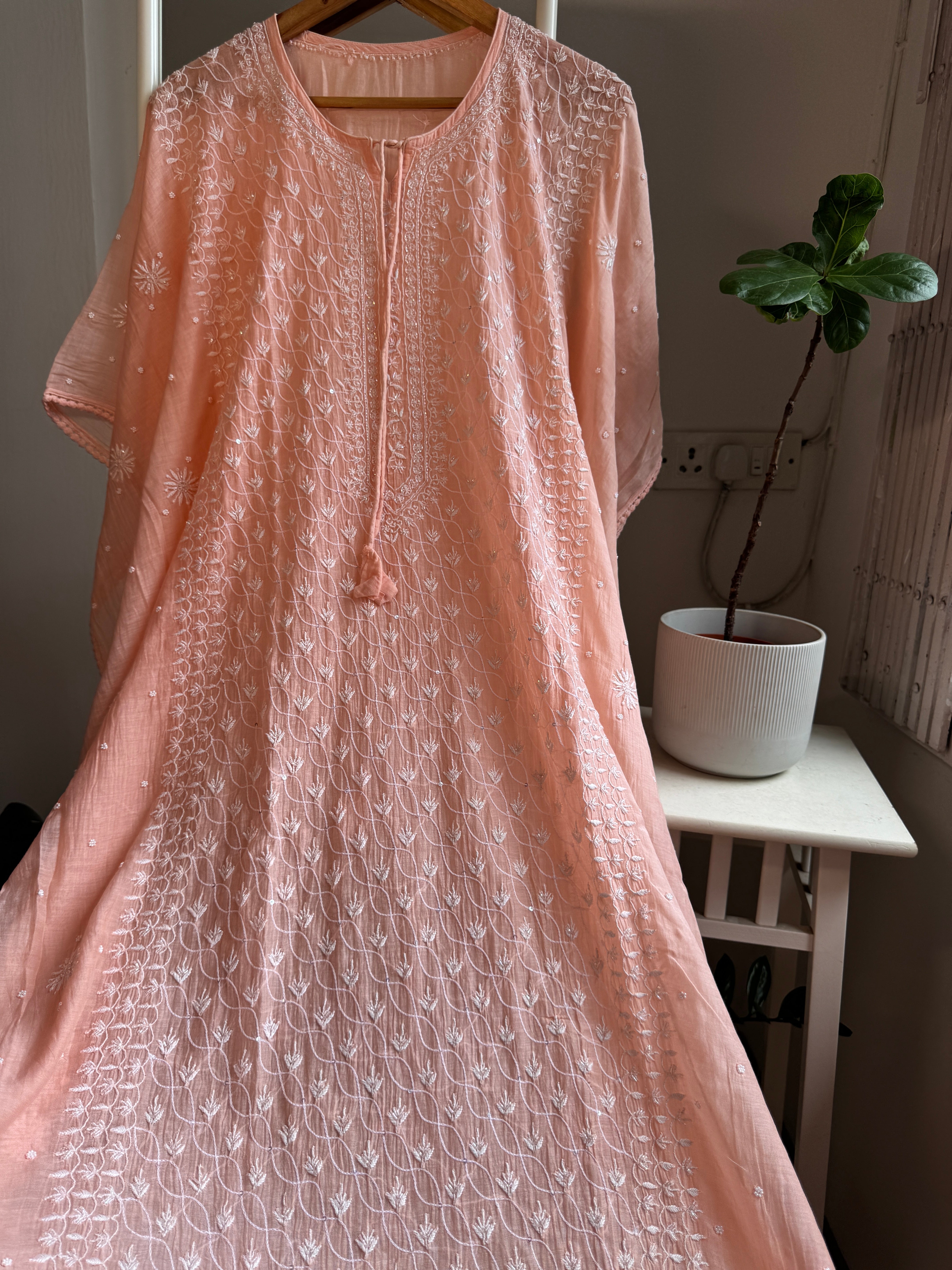 Mul Chanderi Chikankari Kaftan - Peach ARIAA CHIKANKARI 