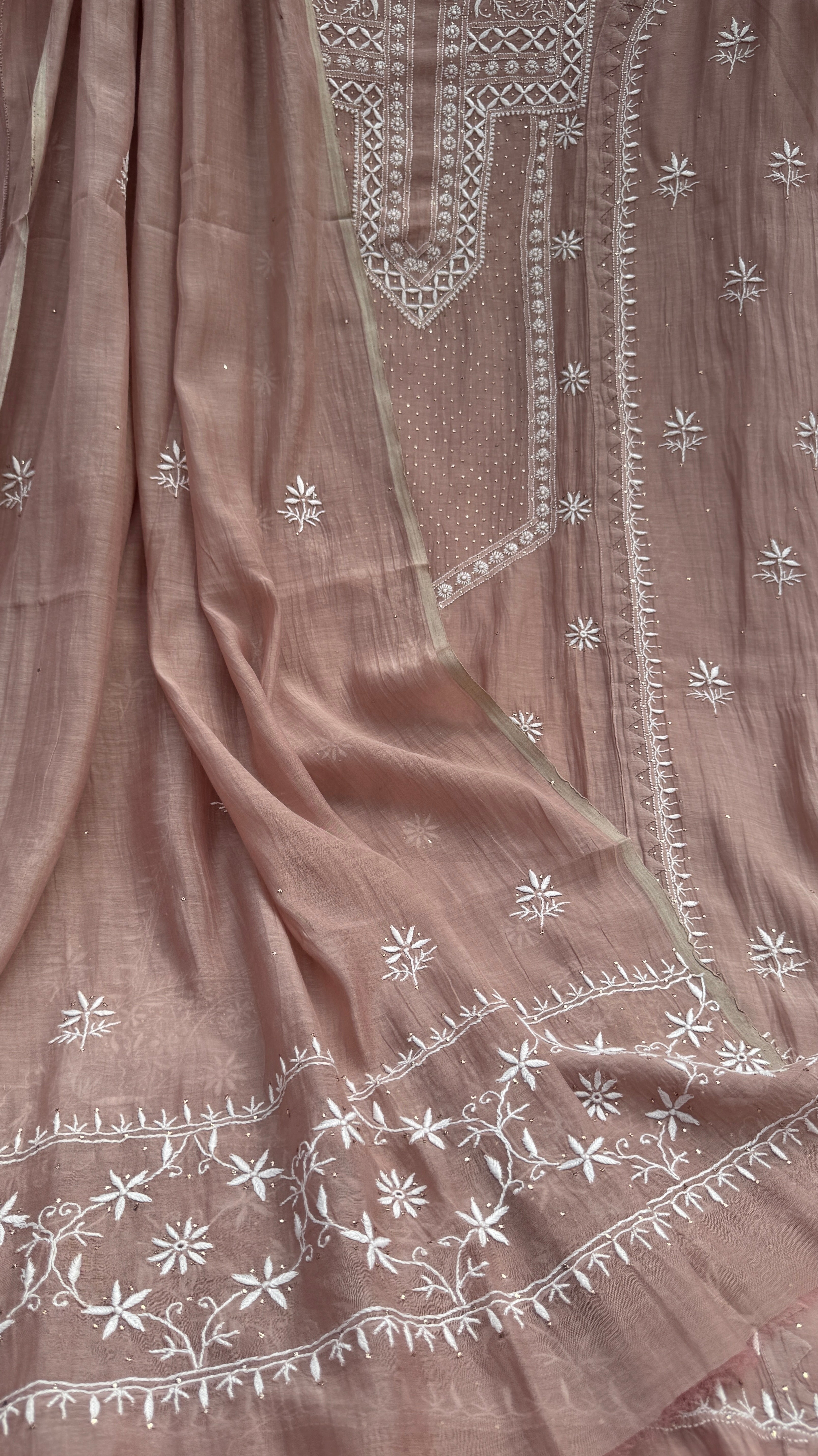Mul Chanderi Chikankari Unstitched Length with Dupatta with Mukaish Add-On- Rose Brown