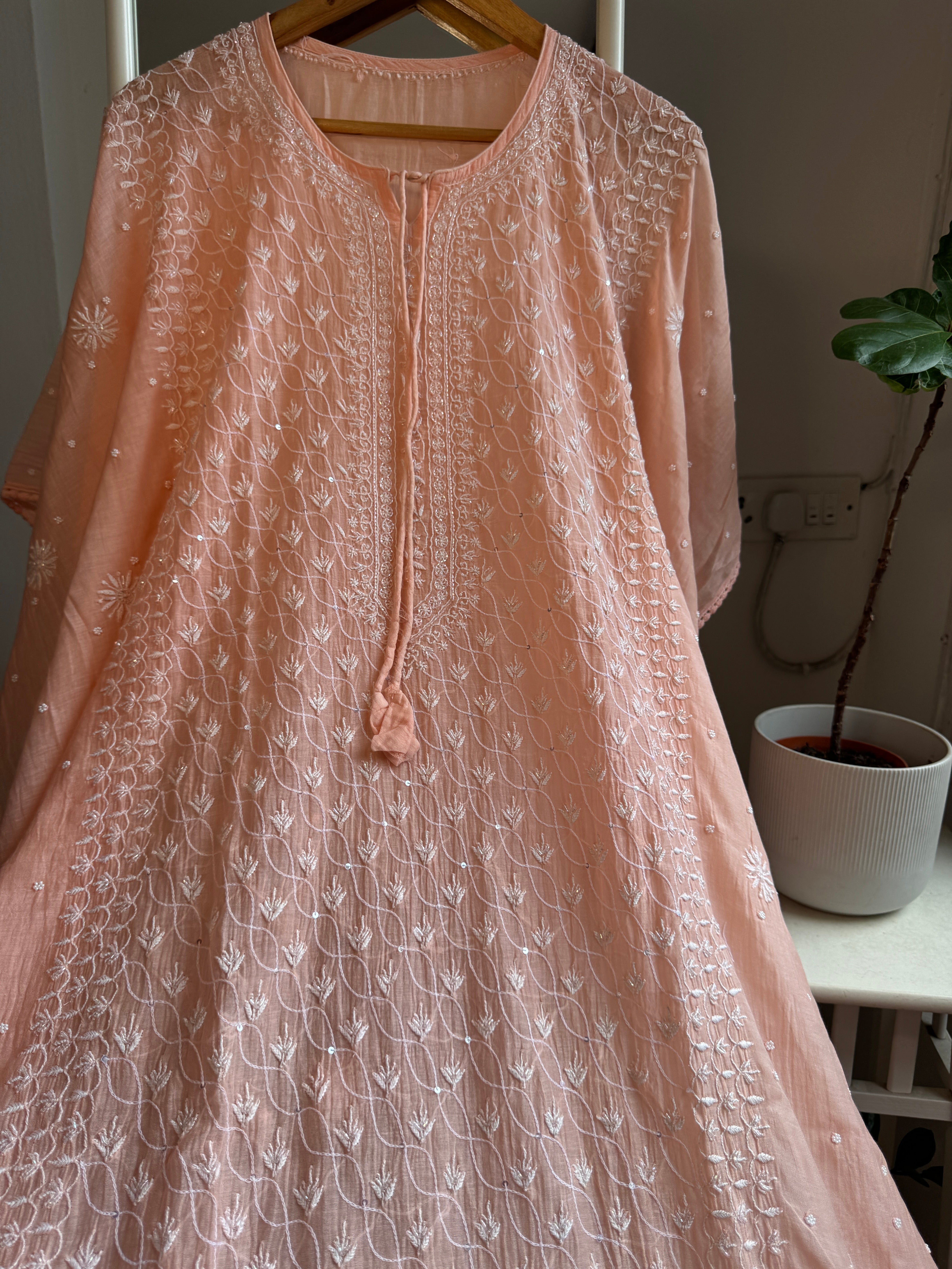 Mul Chanderi Chikankari Kaftan - Peach ARIAA CHIKANKARI 