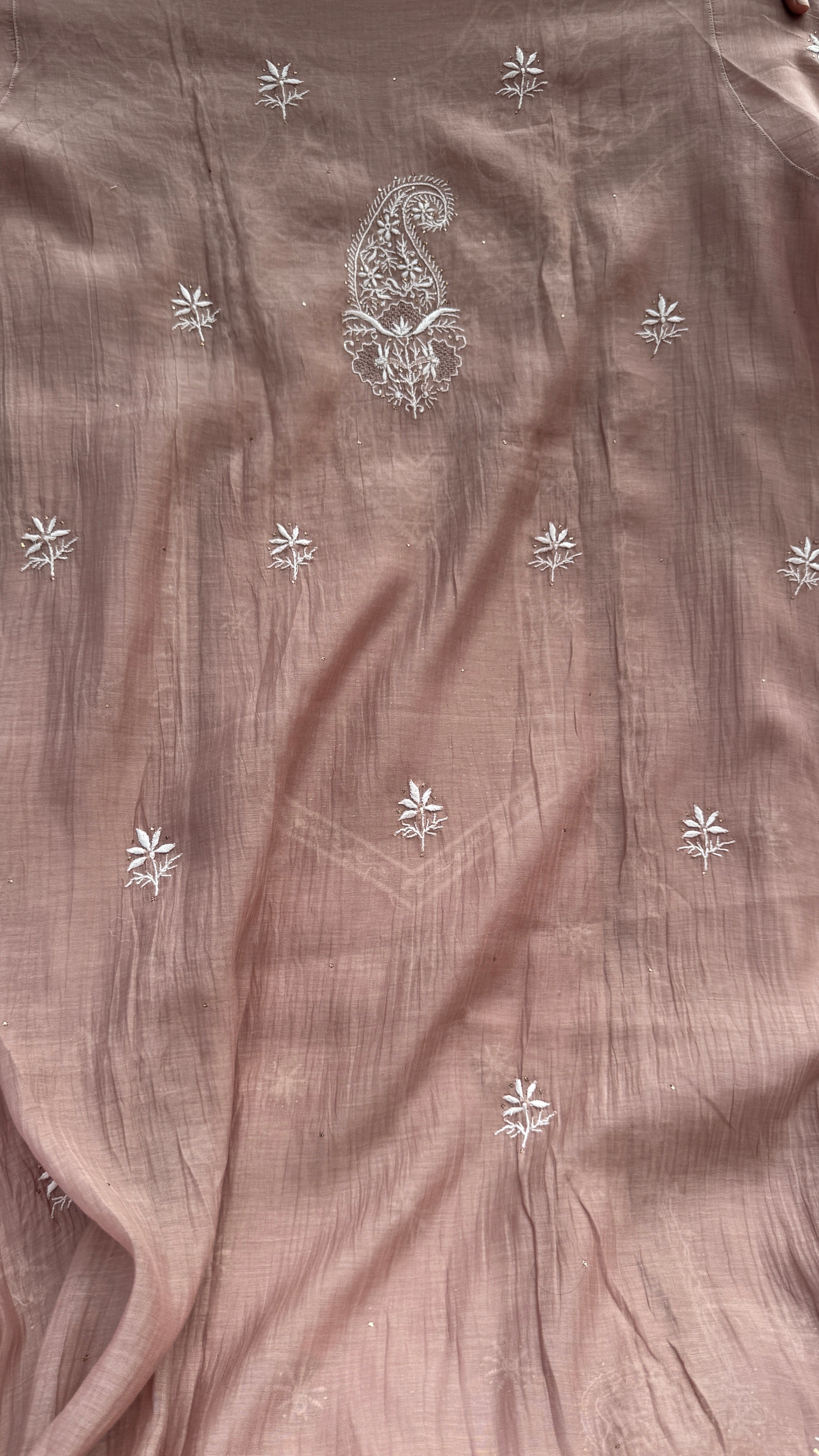 Mul Chanderi Chikankari Unstitched Length with Dupatta with Mukaish Add-On- Rose Brown