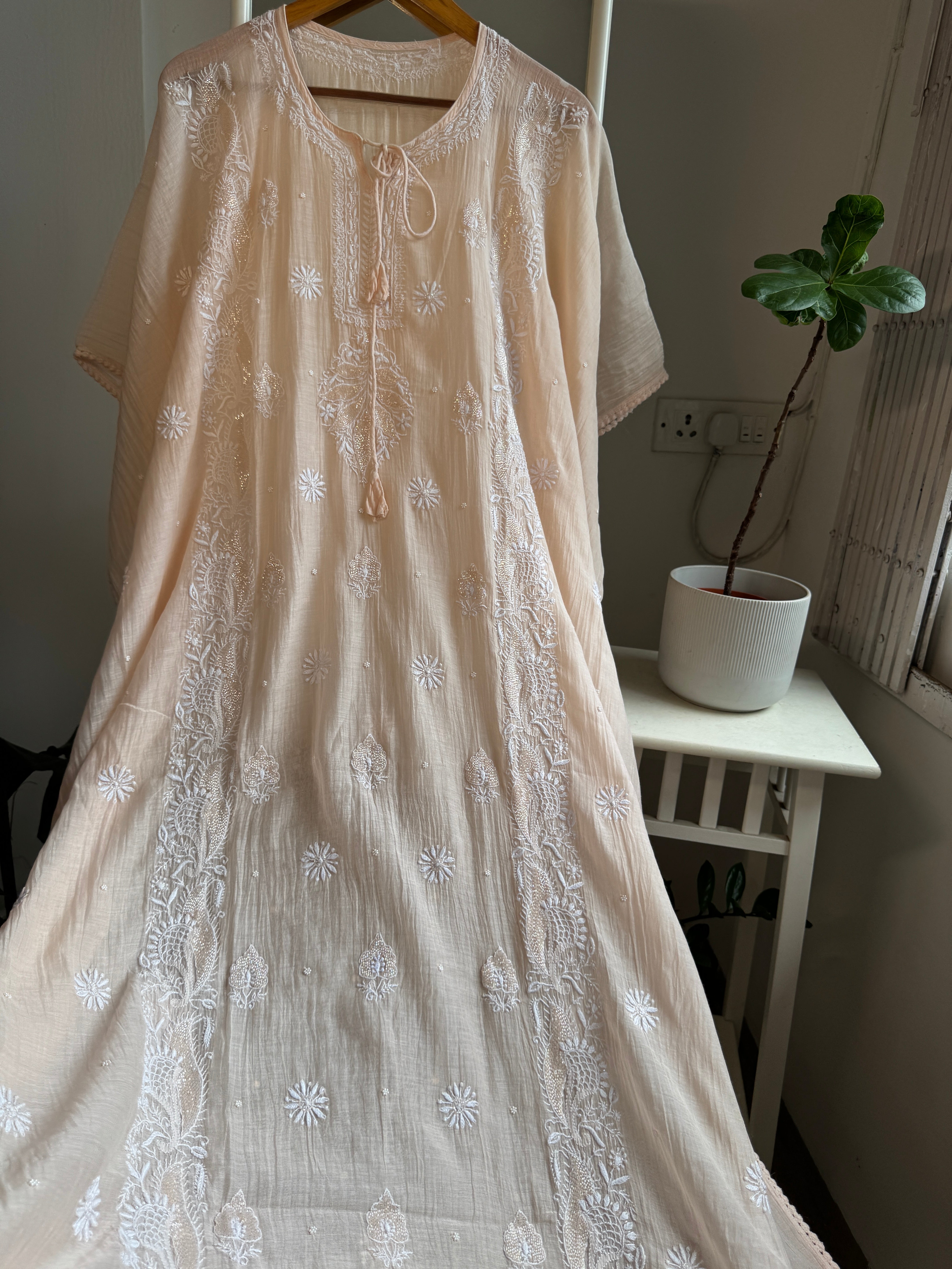 Mul Chanderi Chikankari Kaftan - Blush peach ARIAA CHIKANKARI 