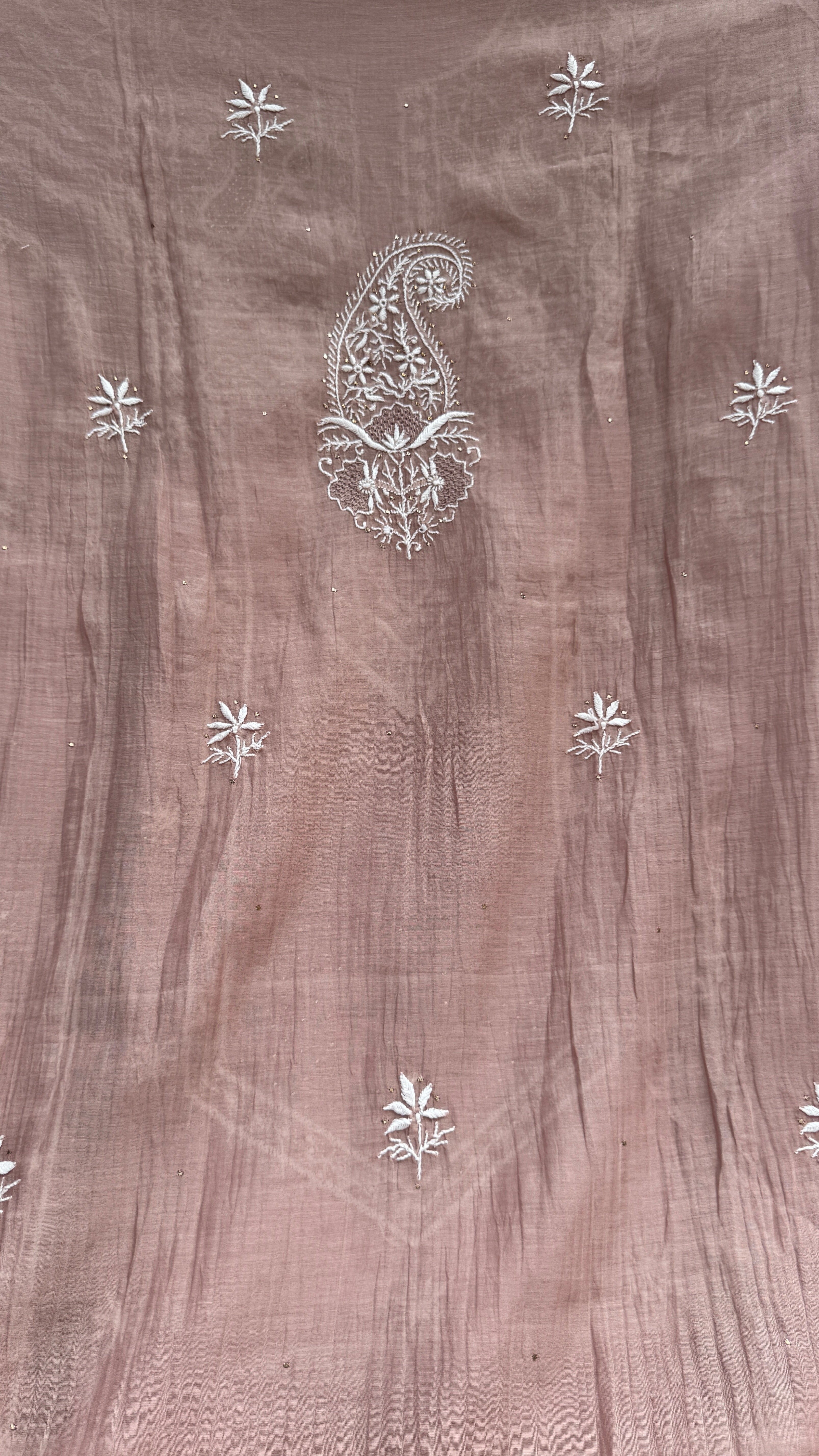 Mul Chanderi Chikankari Unstitched Length with Dupatta with Mukaish Add-On- Rose Brown