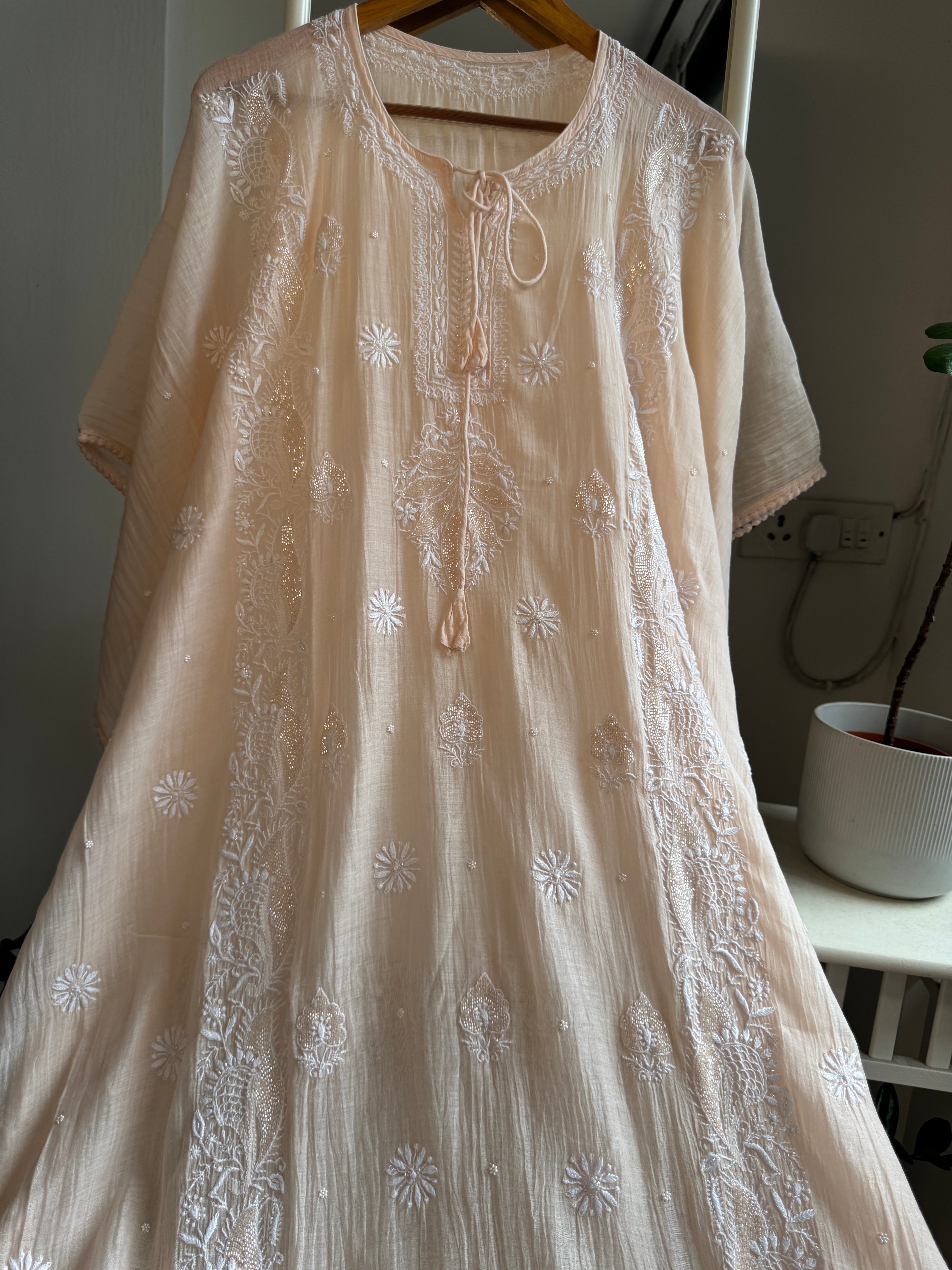Mul Chanderi Chikankari Kaftan - Blush peach ARIAA CHIKANKARI 