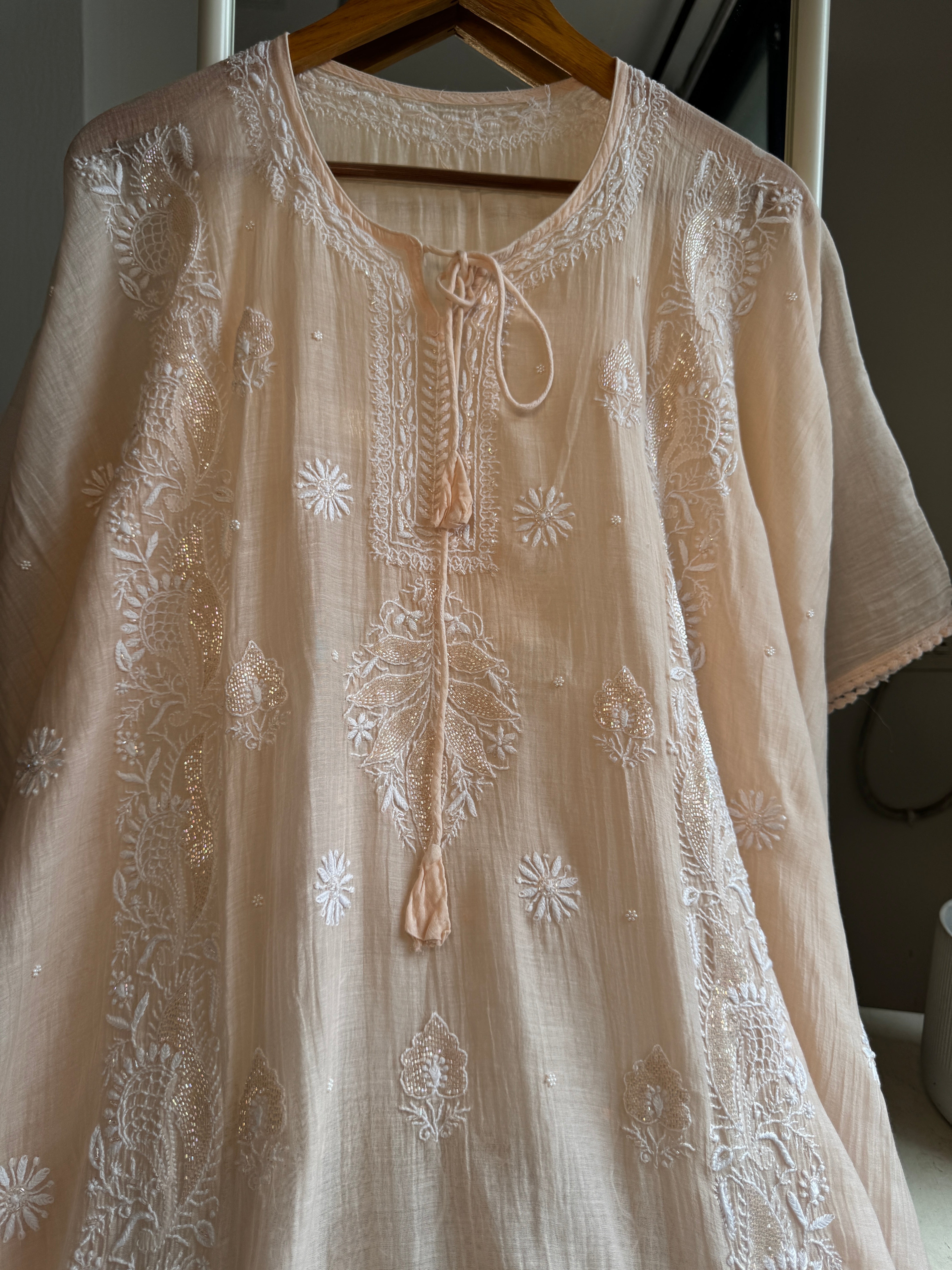 Mul Chanderi Chikankari Kaftan - Blush peach ARIAA CHIKANKARI 
