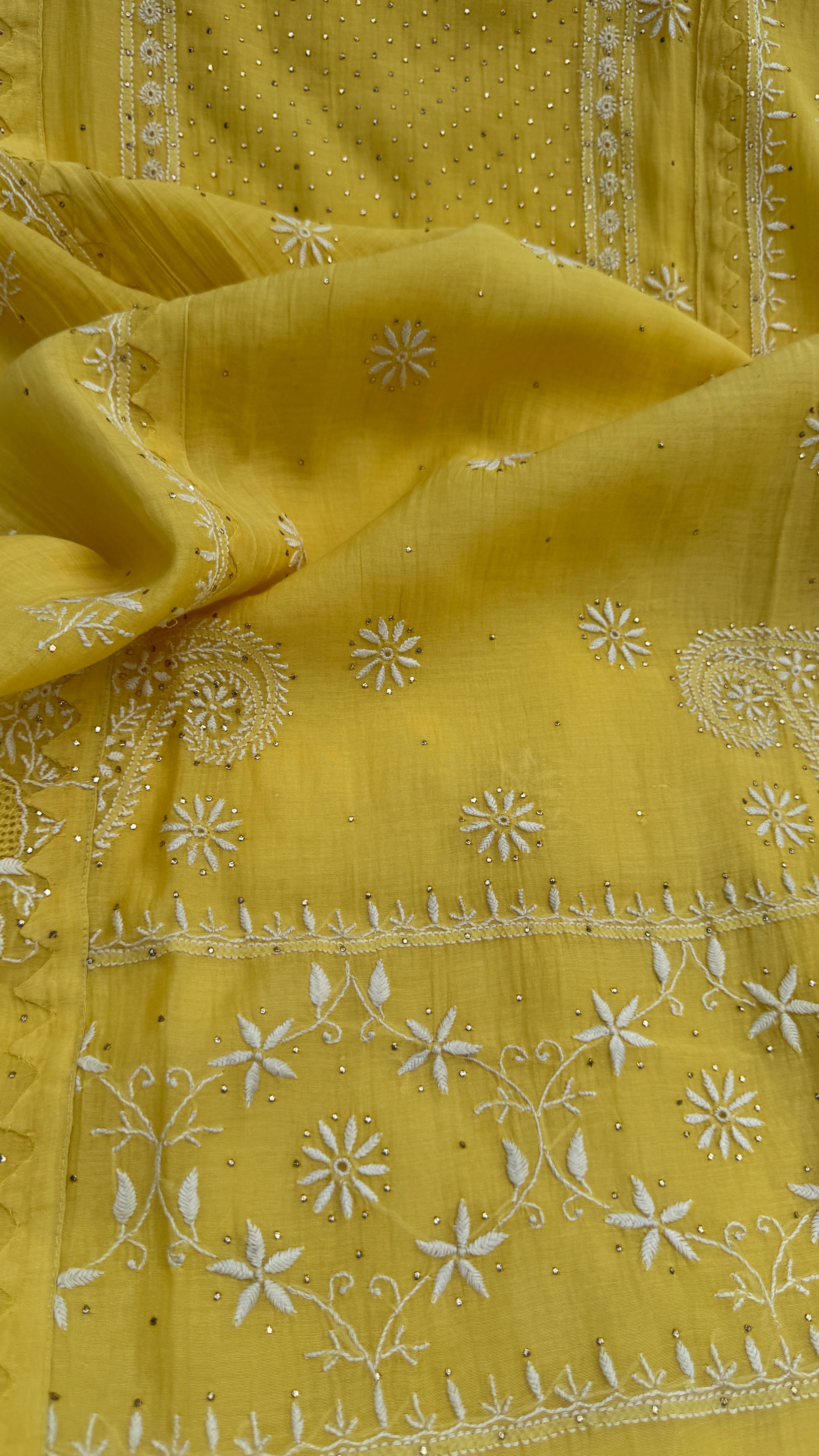 Mul Chanderi Chikankari Unstitched Length with Dupatta with Mukaish Add-On- Yellow