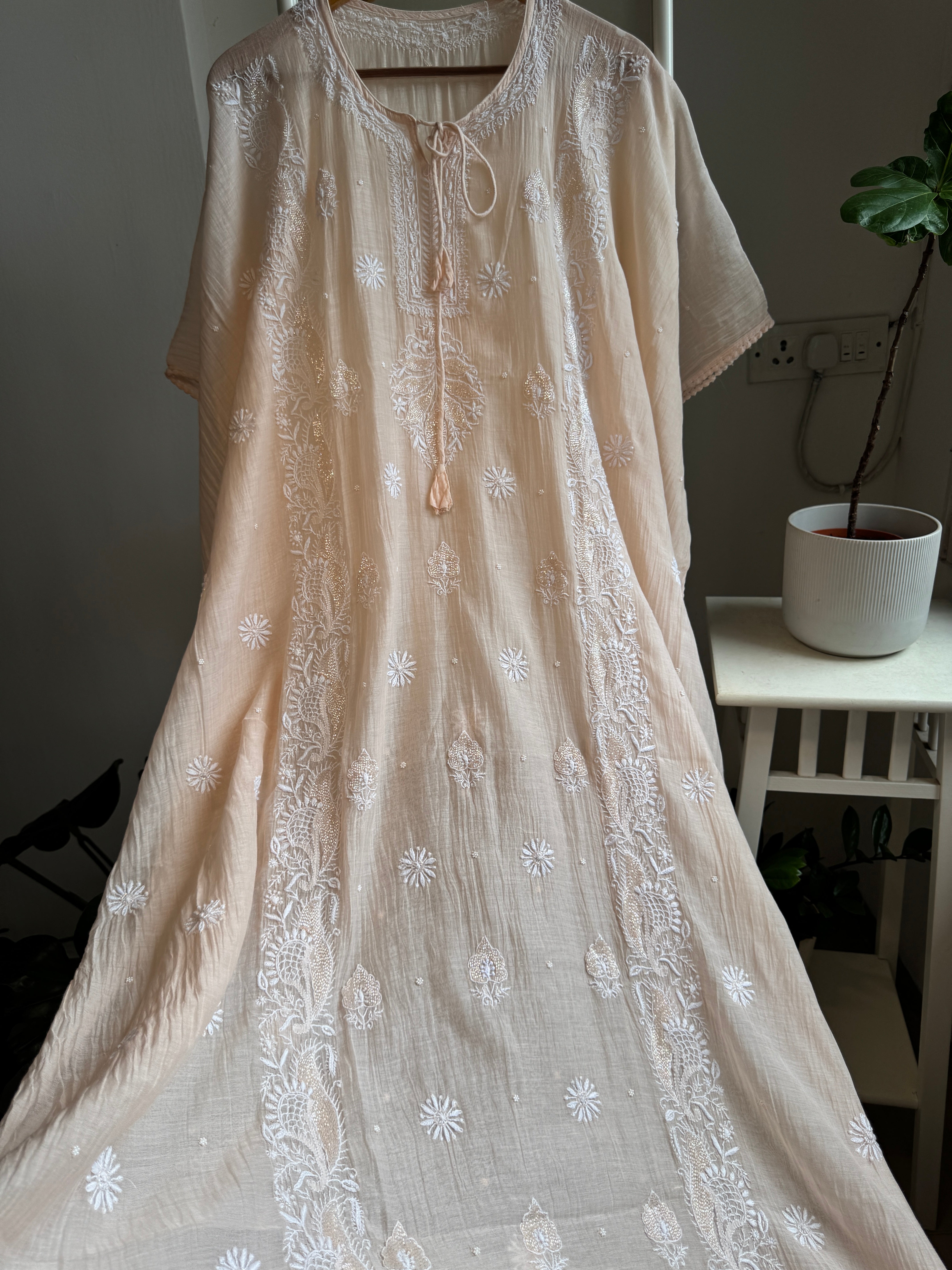 Mul Chanderi Chikankari Kaftan - Blush peach ARIAA CHIKANKARI 