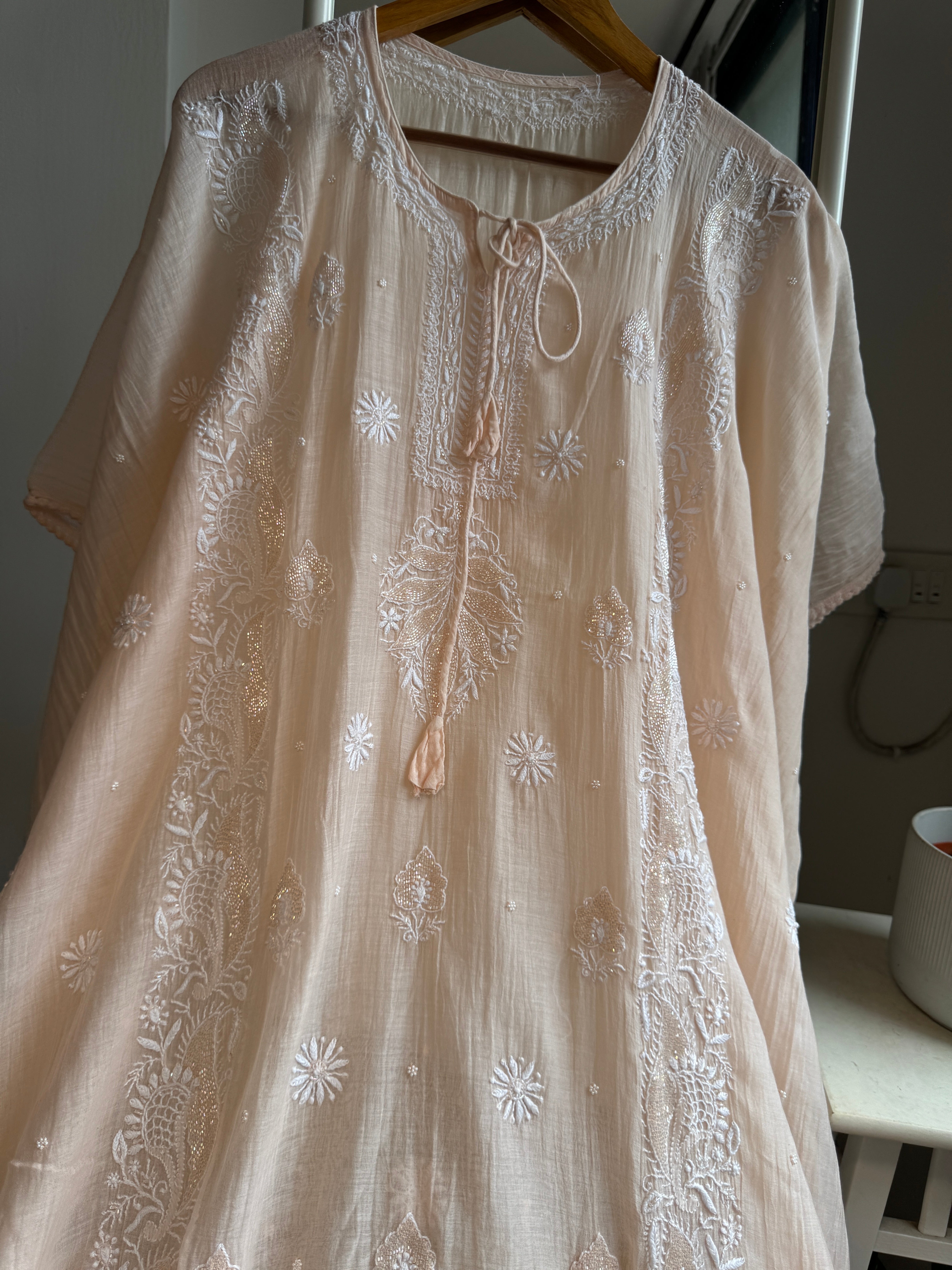 Mul Chanderi Chikankari Kaftan - Blush peach ARIAA CHIKANKARI 