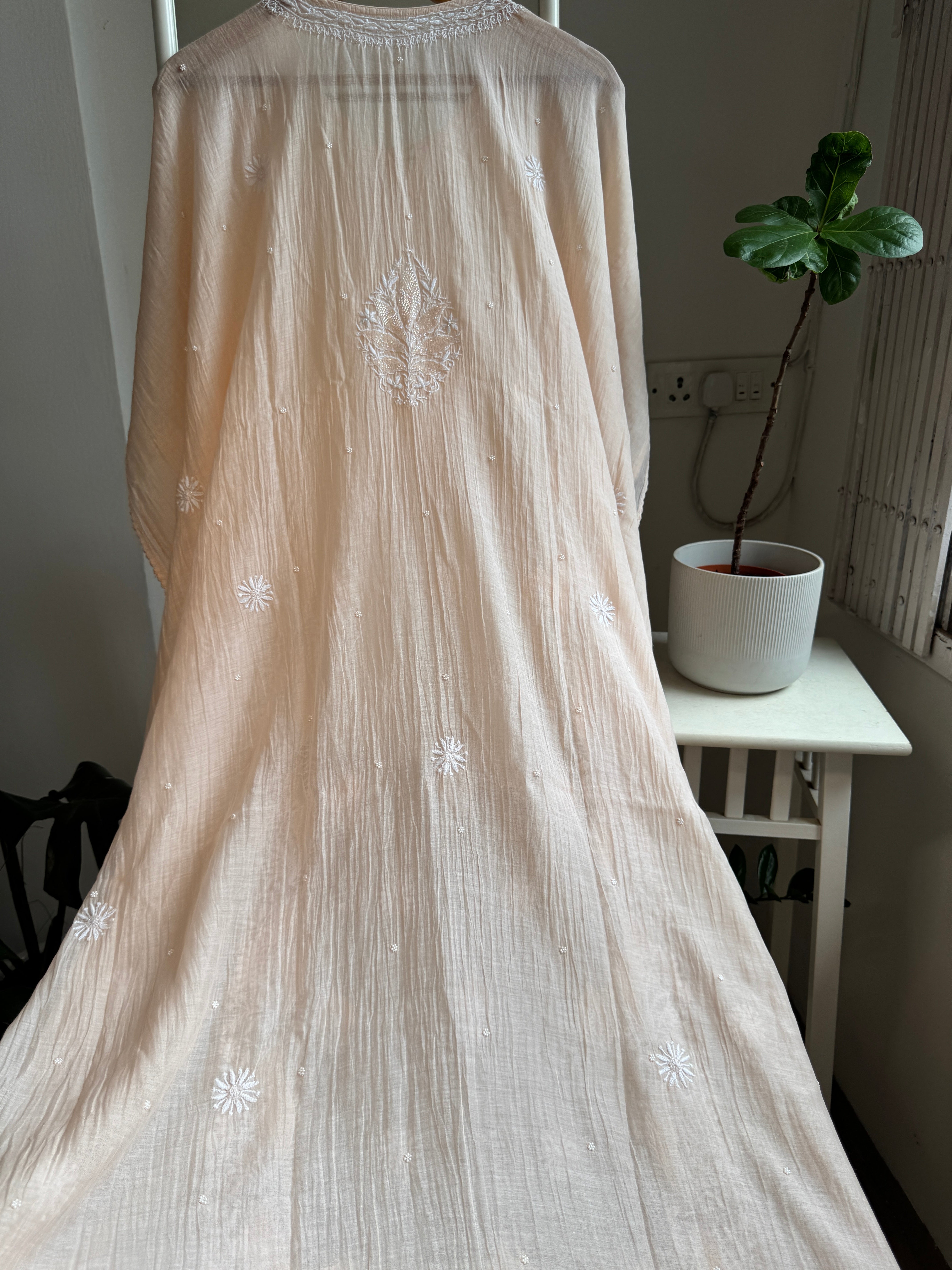 Mul Chanderi Chikankari Kaftan - Blush peach ARIAA CHIKANKARI 