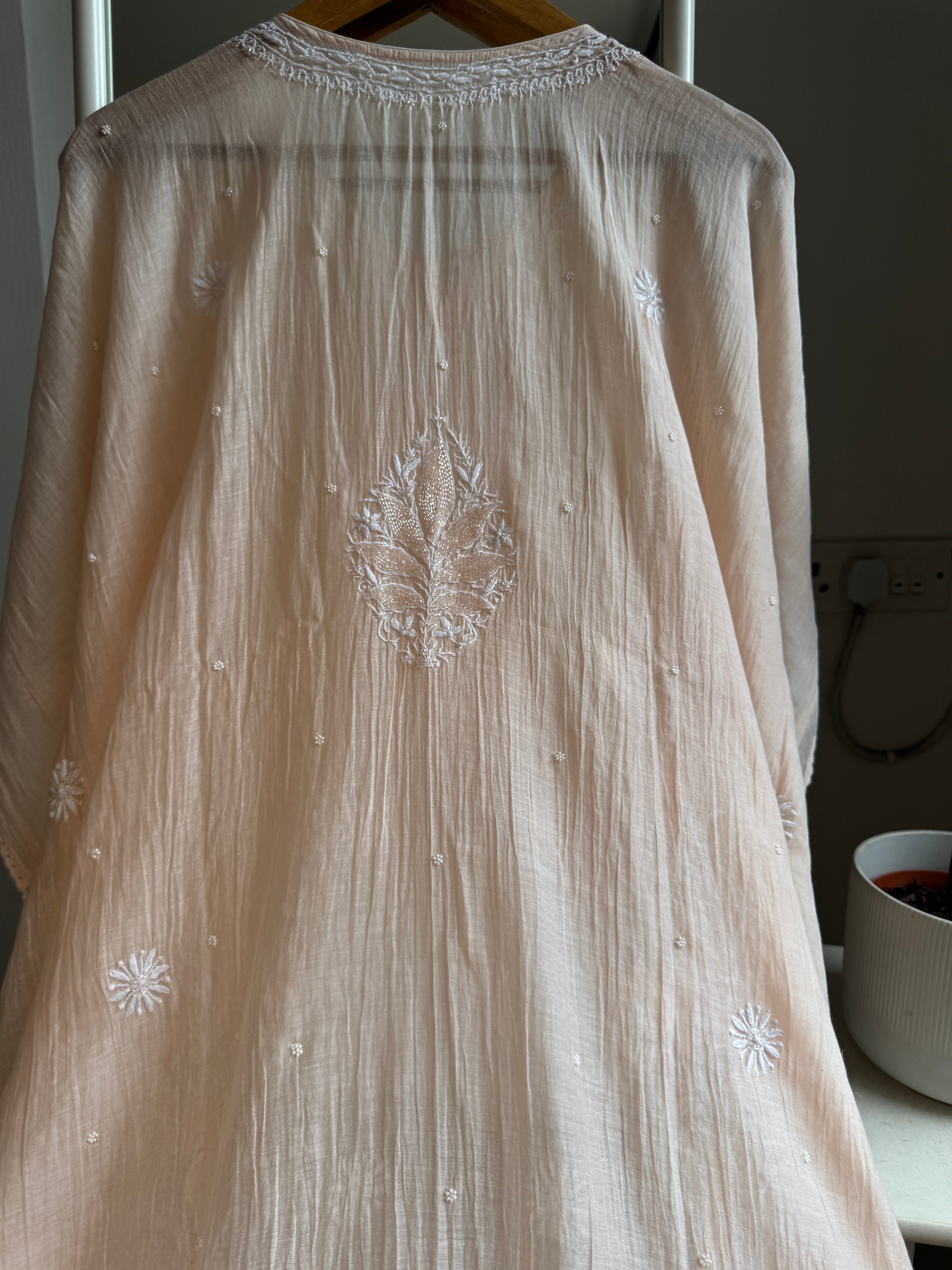 Mul Chanderi Chikankari Kaftan - Blush peach ARIAA CHIKANKARI 