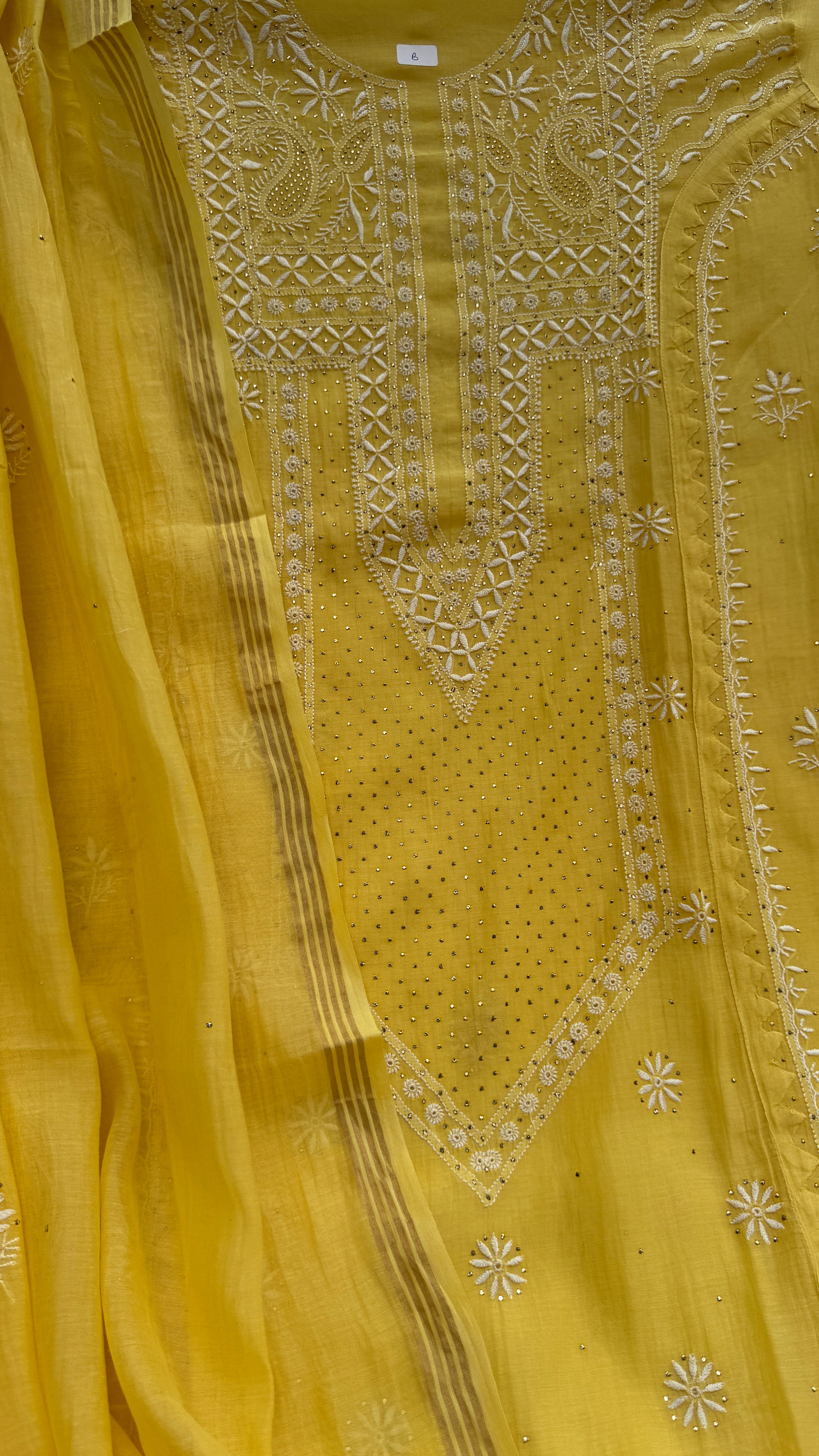 Mul Chanderi Chikankari Unstitched Length with Dupatta with Mukaish Add-On- Yellow