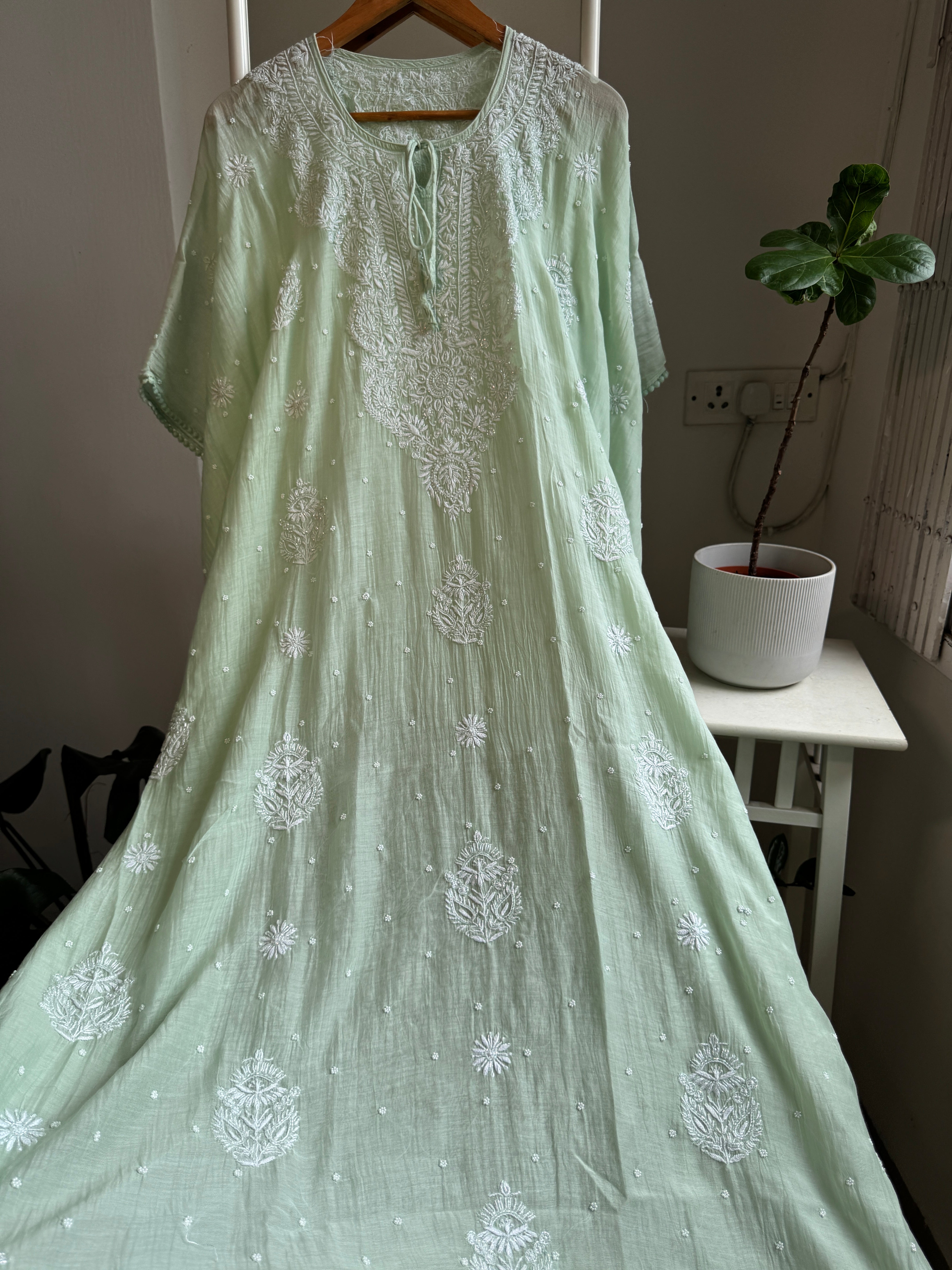 Mul Chanderi Chikankari Kaftan - Green ARIAA CHIKANKARI 