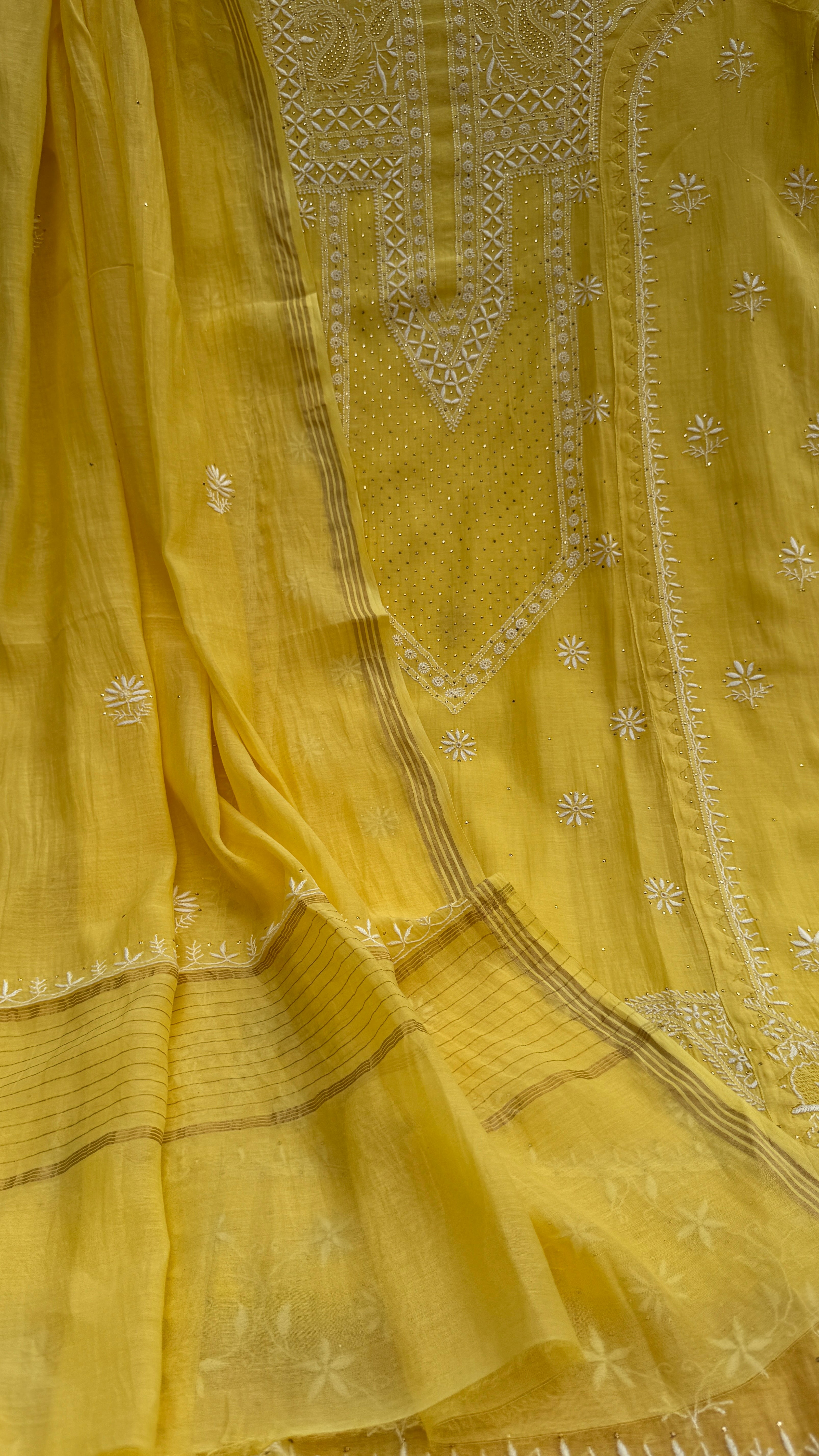 Mul Chanderi Chikankari Unstitched Length with Dupatta with Mukaish Add-On- Yellow