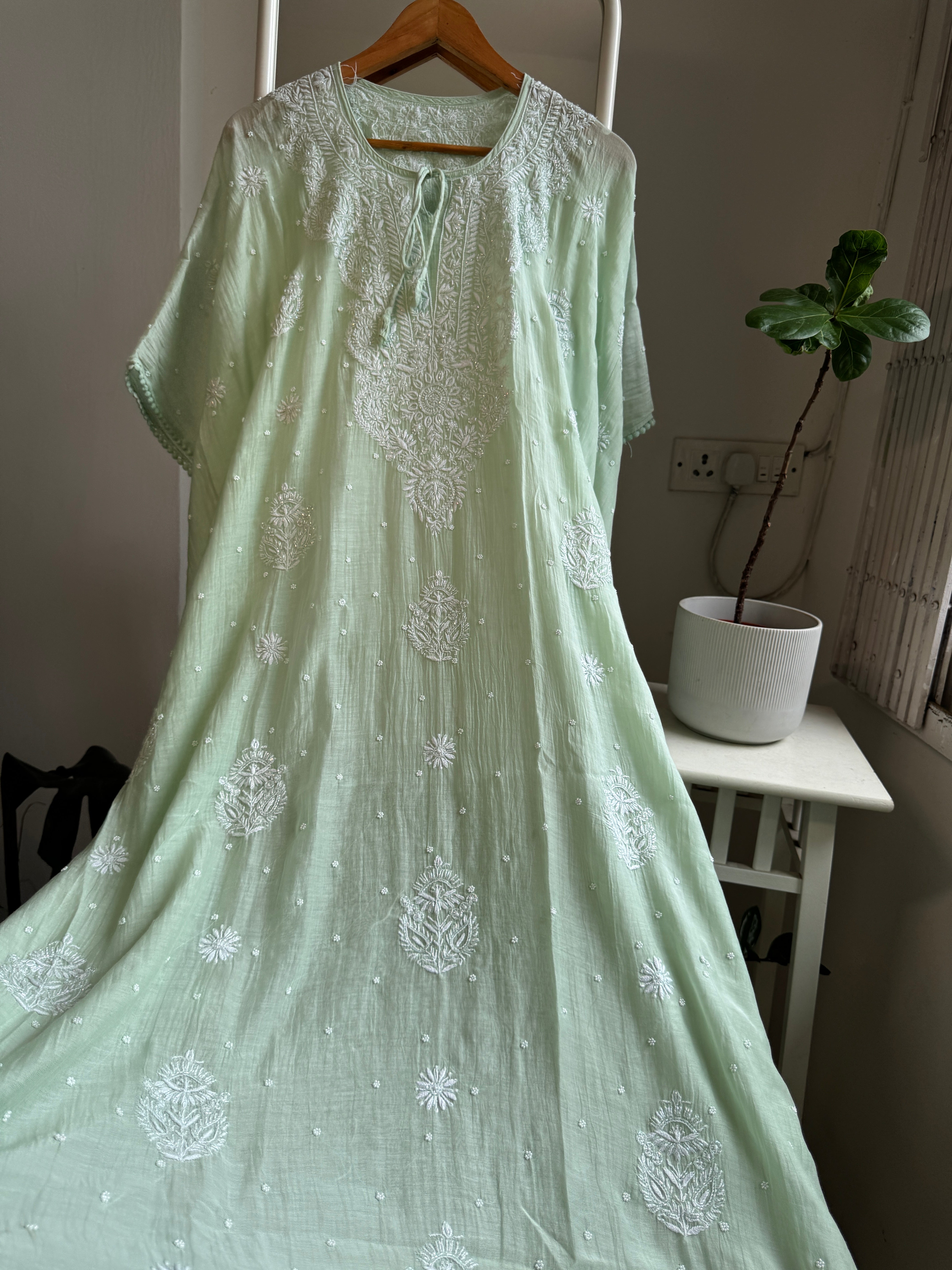 Mul Chanderi Chikankari Kaftan - Green ARIAA CHIKANKARI 