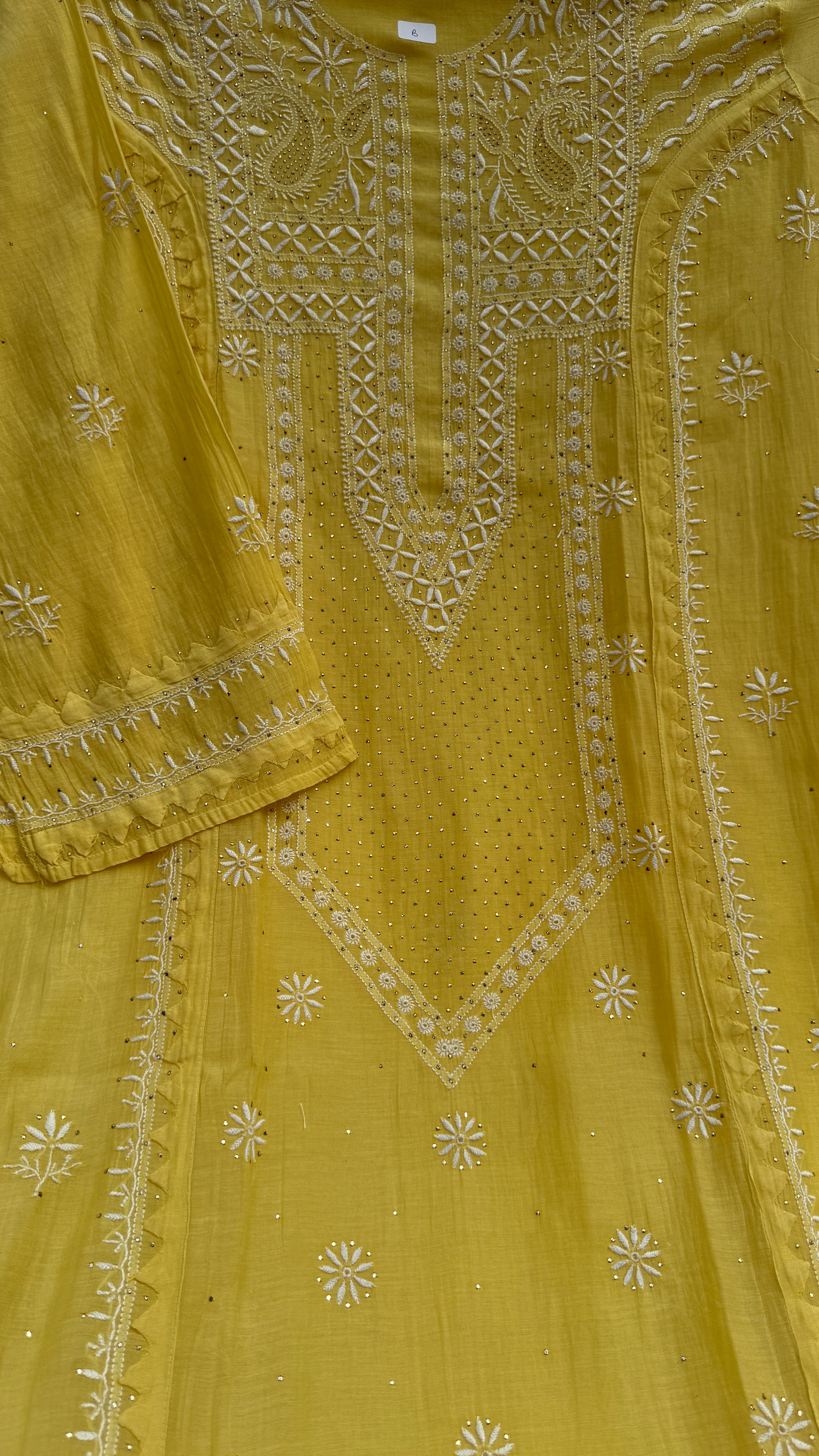 Mul Chanderi Chikankari Unstitched Length with Dupatta with Mukaish Add-On- Yellow