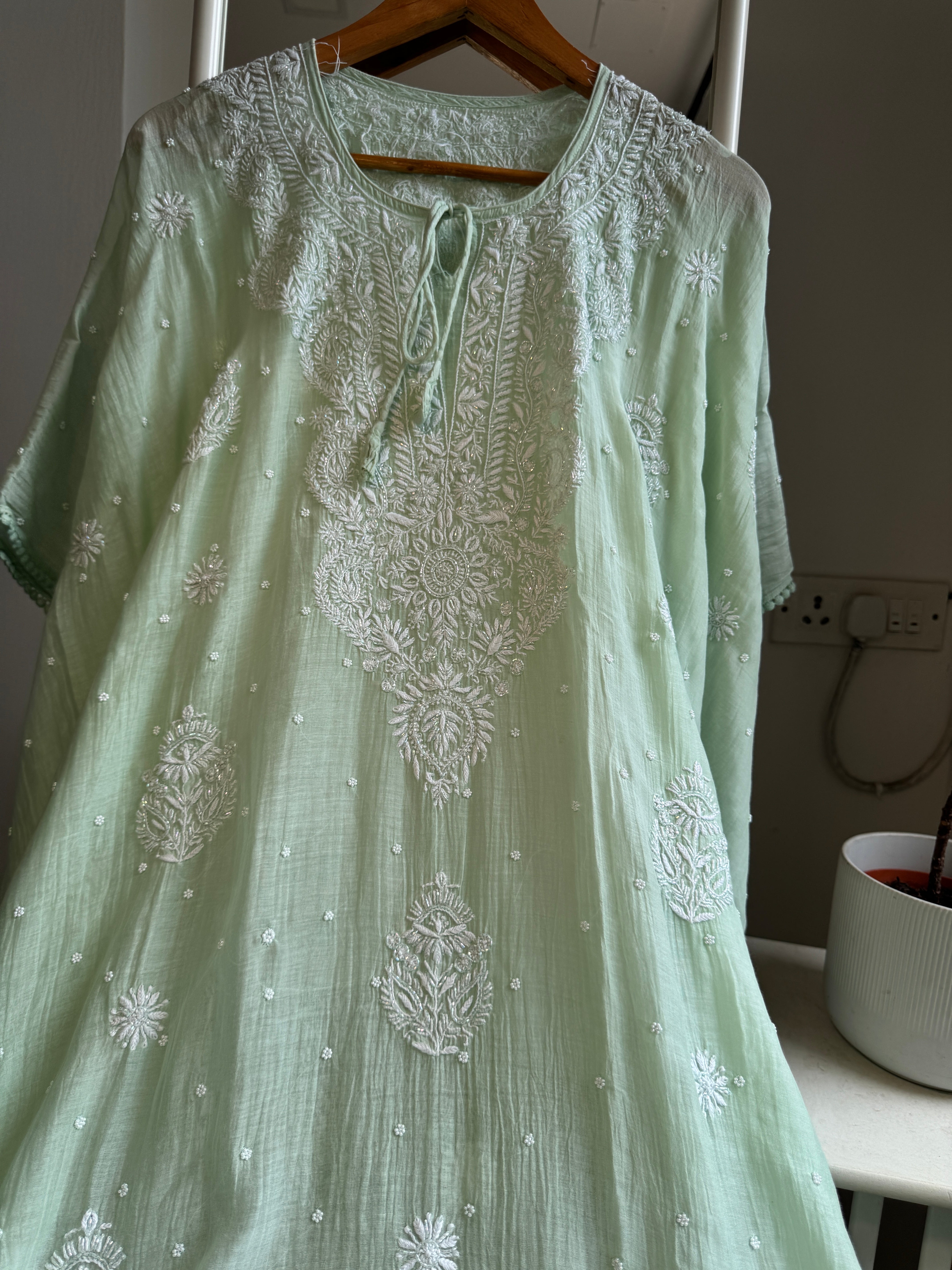 Mul Chanderi Chikankari Kaftan - Green ARIAA CHIKANKARI 