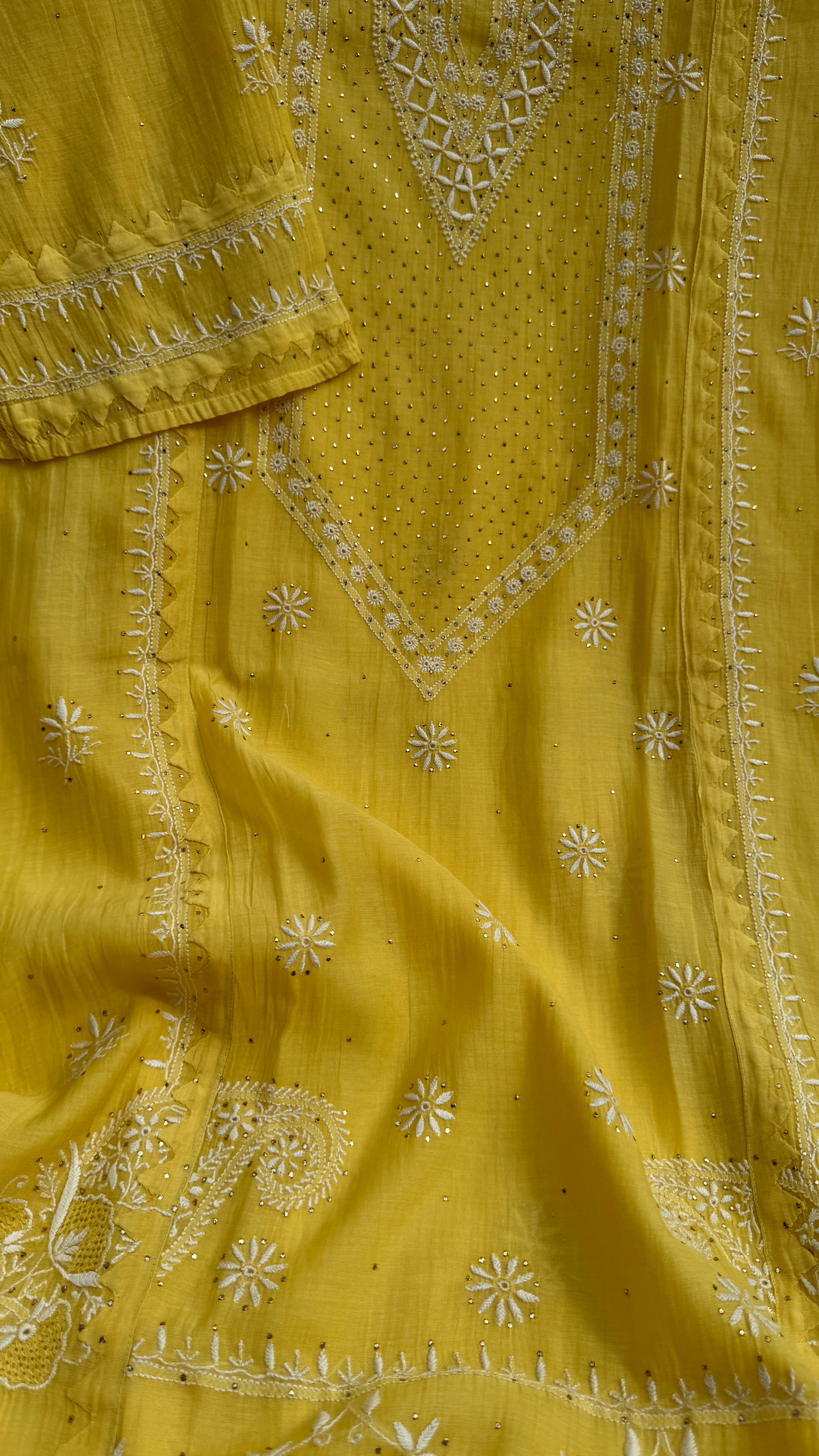 Mul Chanderi Chikankari Unstitched Length with Dupatta with Mukaish Add-On- Yellow