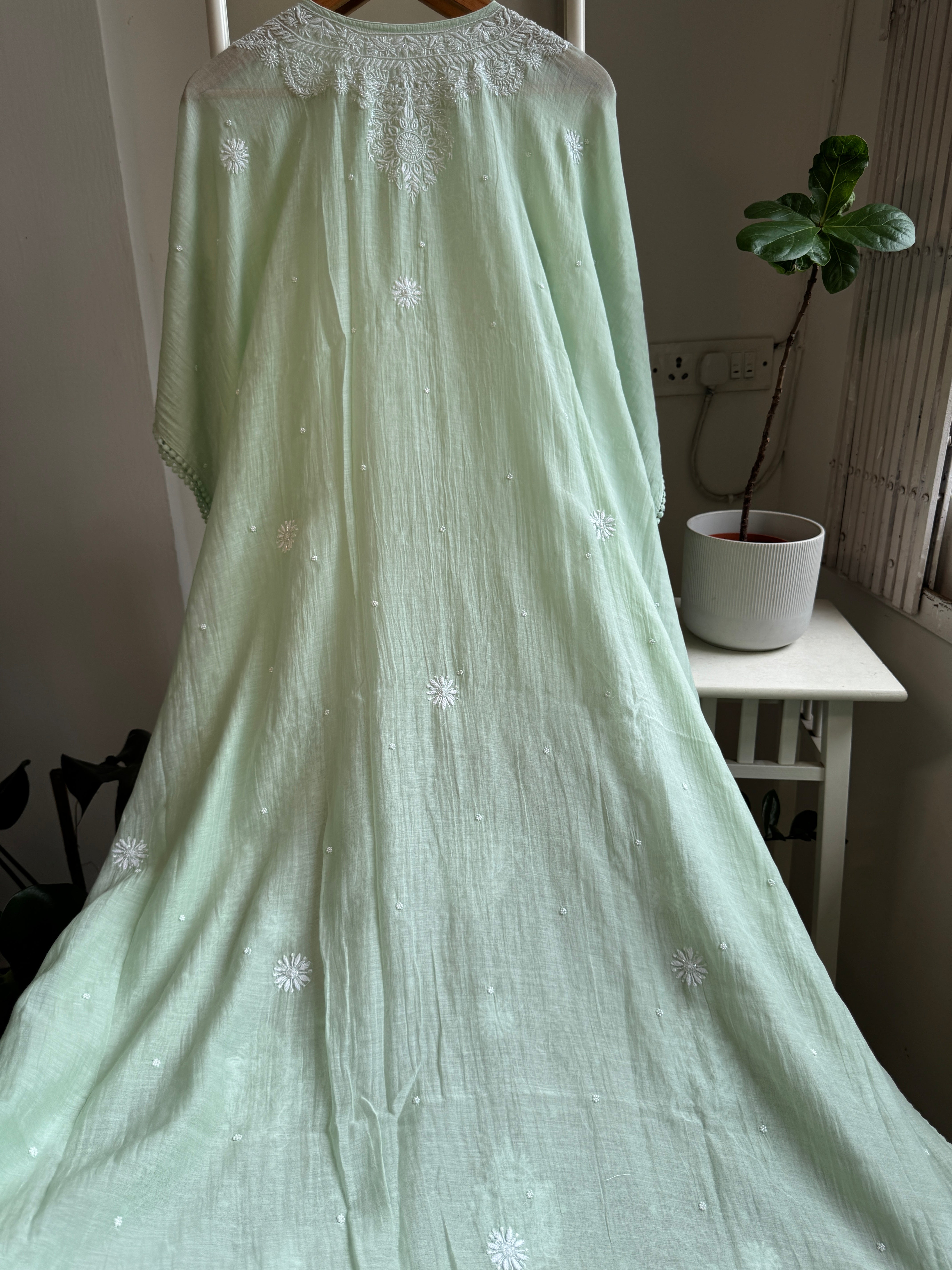 Mul Chanderi Chikankari Kaftan - Green ARIAA CHIKANKARI 