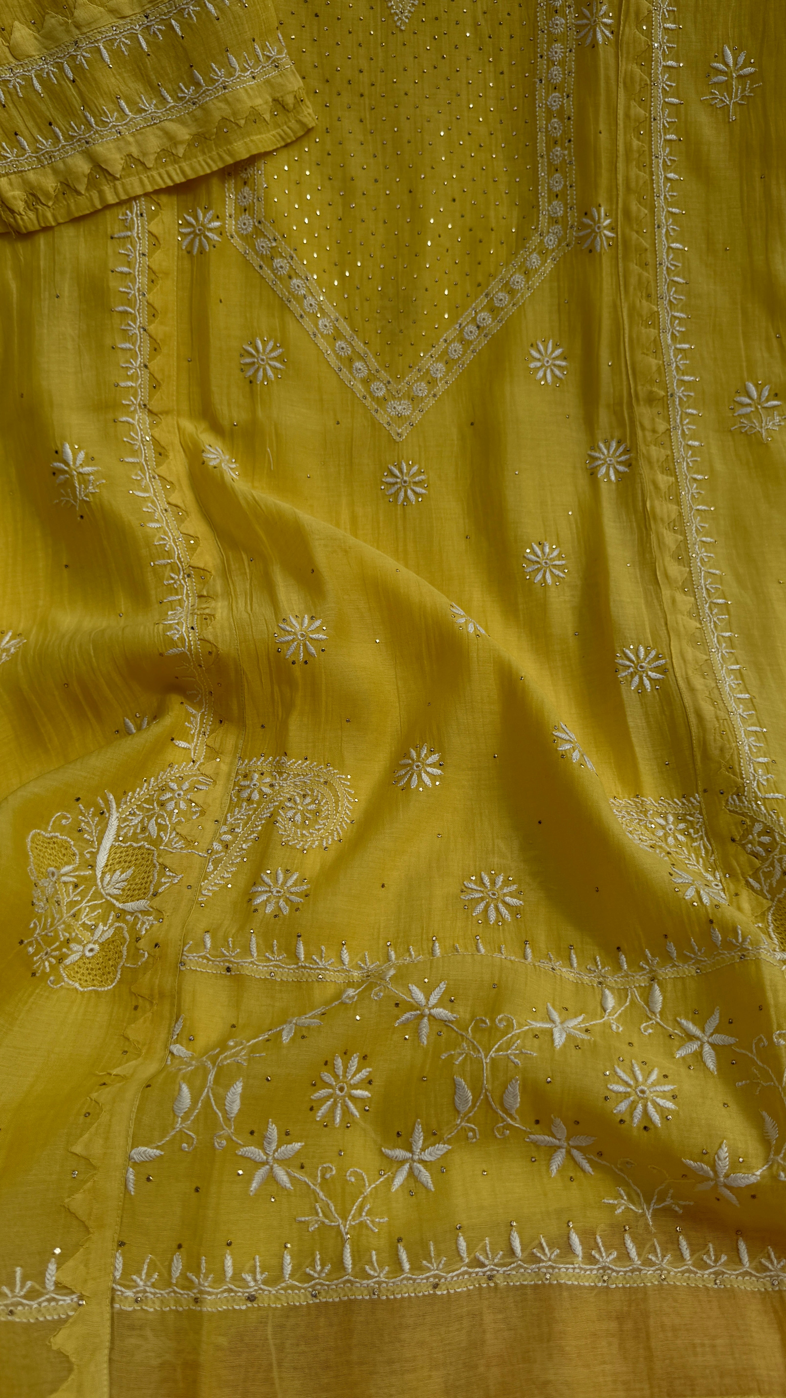 Mul Chanderi Chikankari Unstitched Length with Dupatta with Mukaish Add-On- Yellow