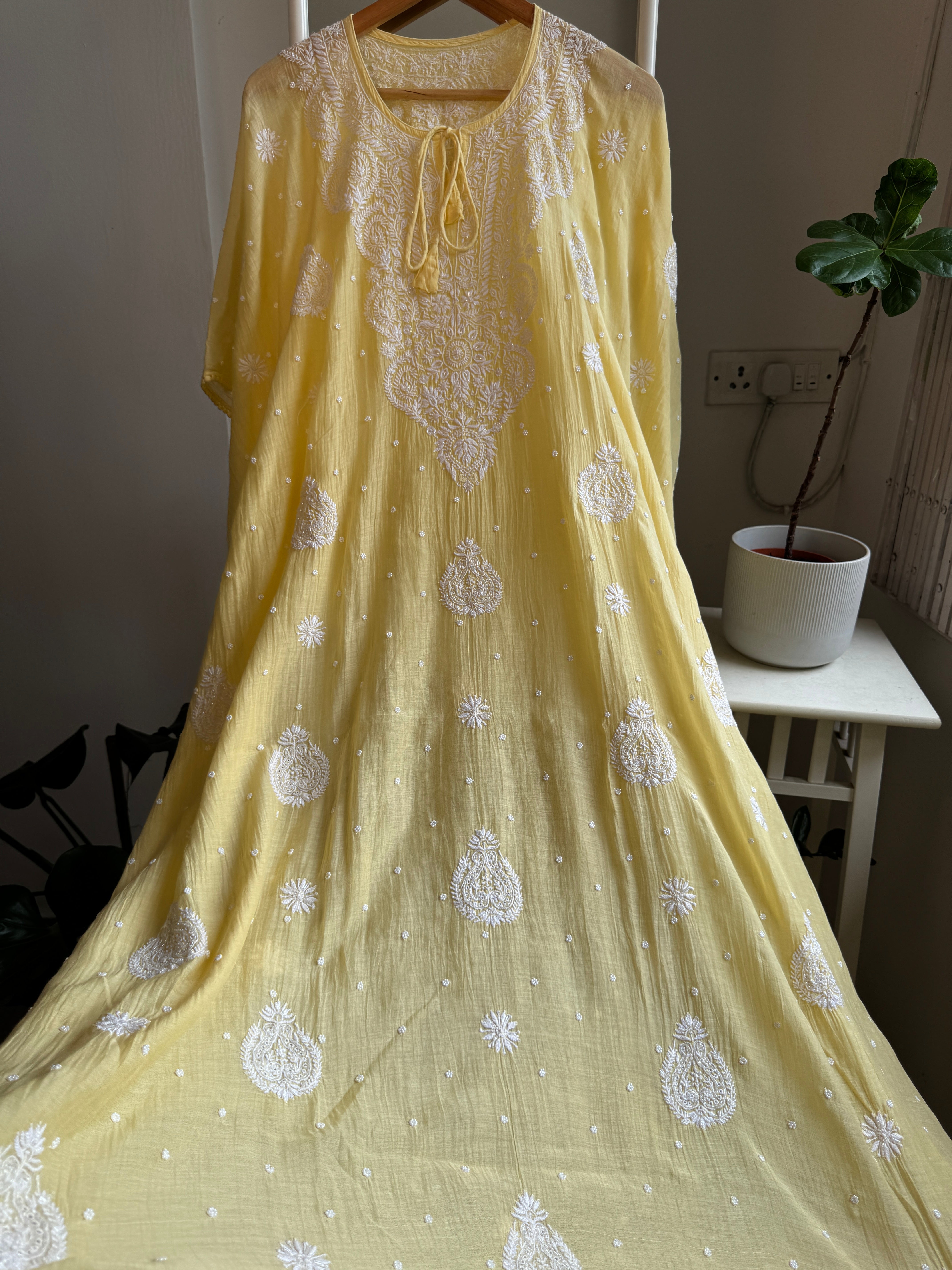 Mul Chanderi Chikankari Kaftan - Yellow ARIAA CHIKANKARI 