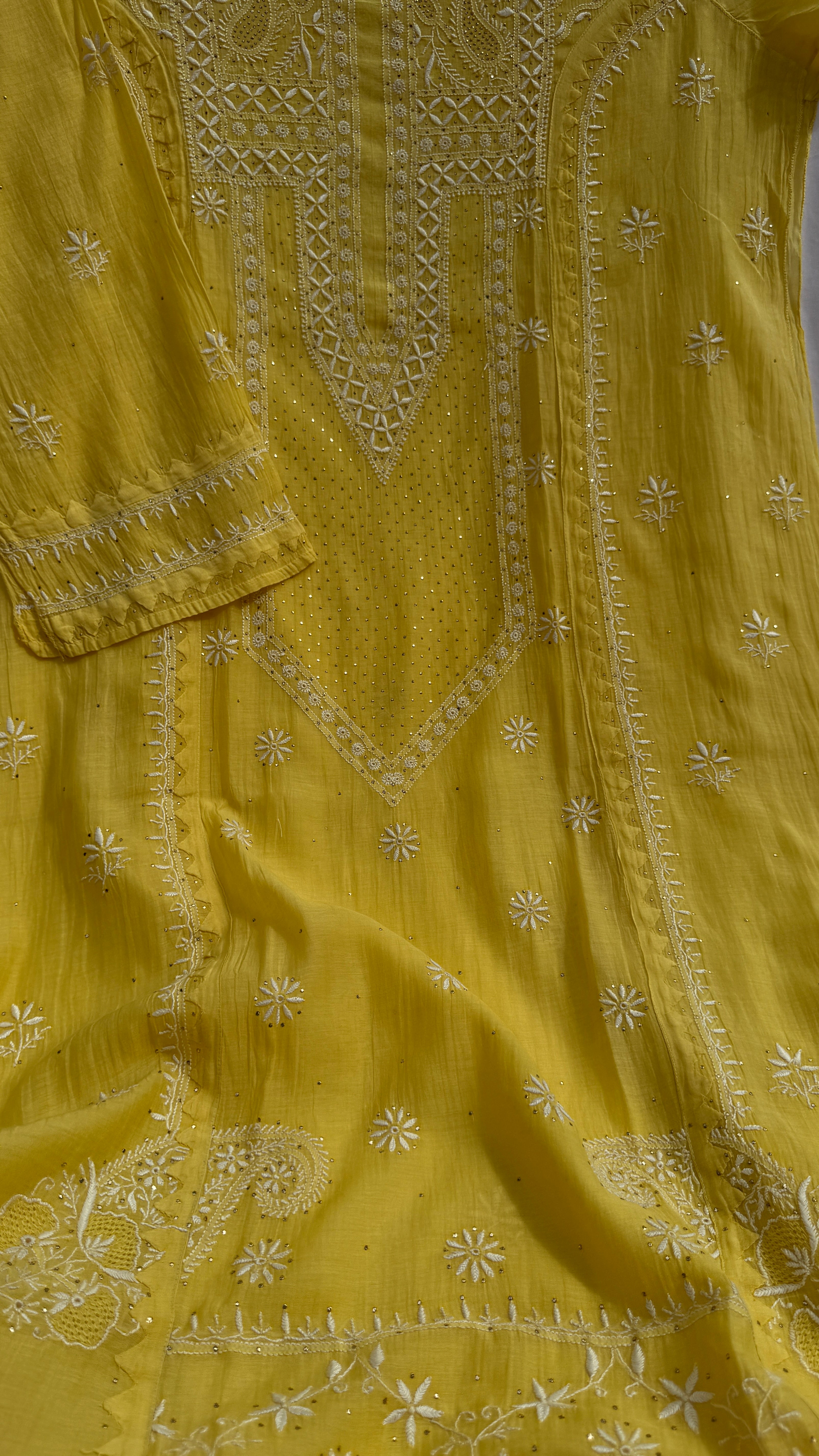 Mul Chanderi Chikankari Unstitched Length with Dupatta with Mukaish Add-On- Yellow