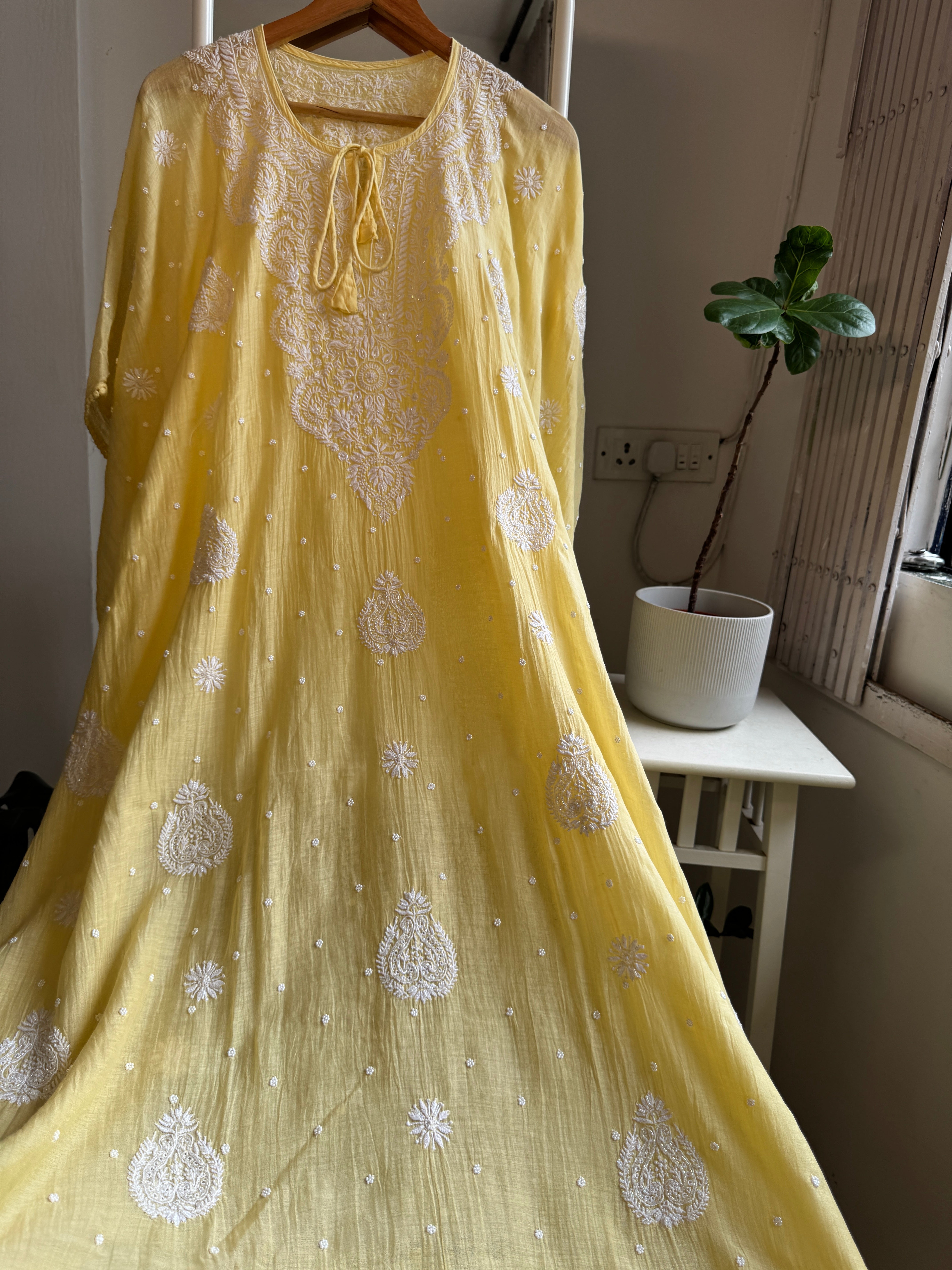 Mul Chanderi Chikankari Kaftan - Yellow ARIAA CHIKANKARI 