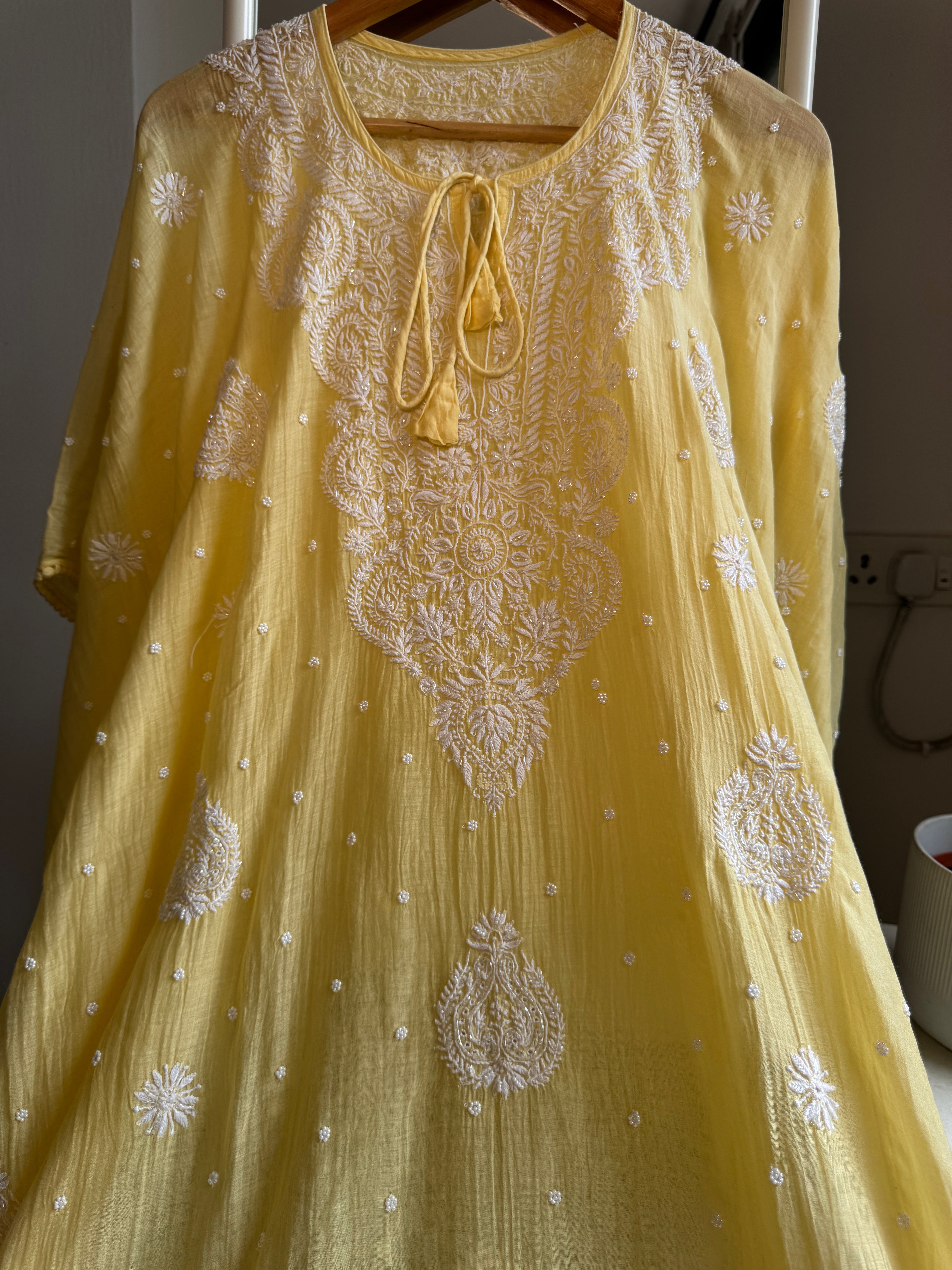 Mul Chanderi Chikankari Kaftan - Yellow ARIAA CHIKANKARI 