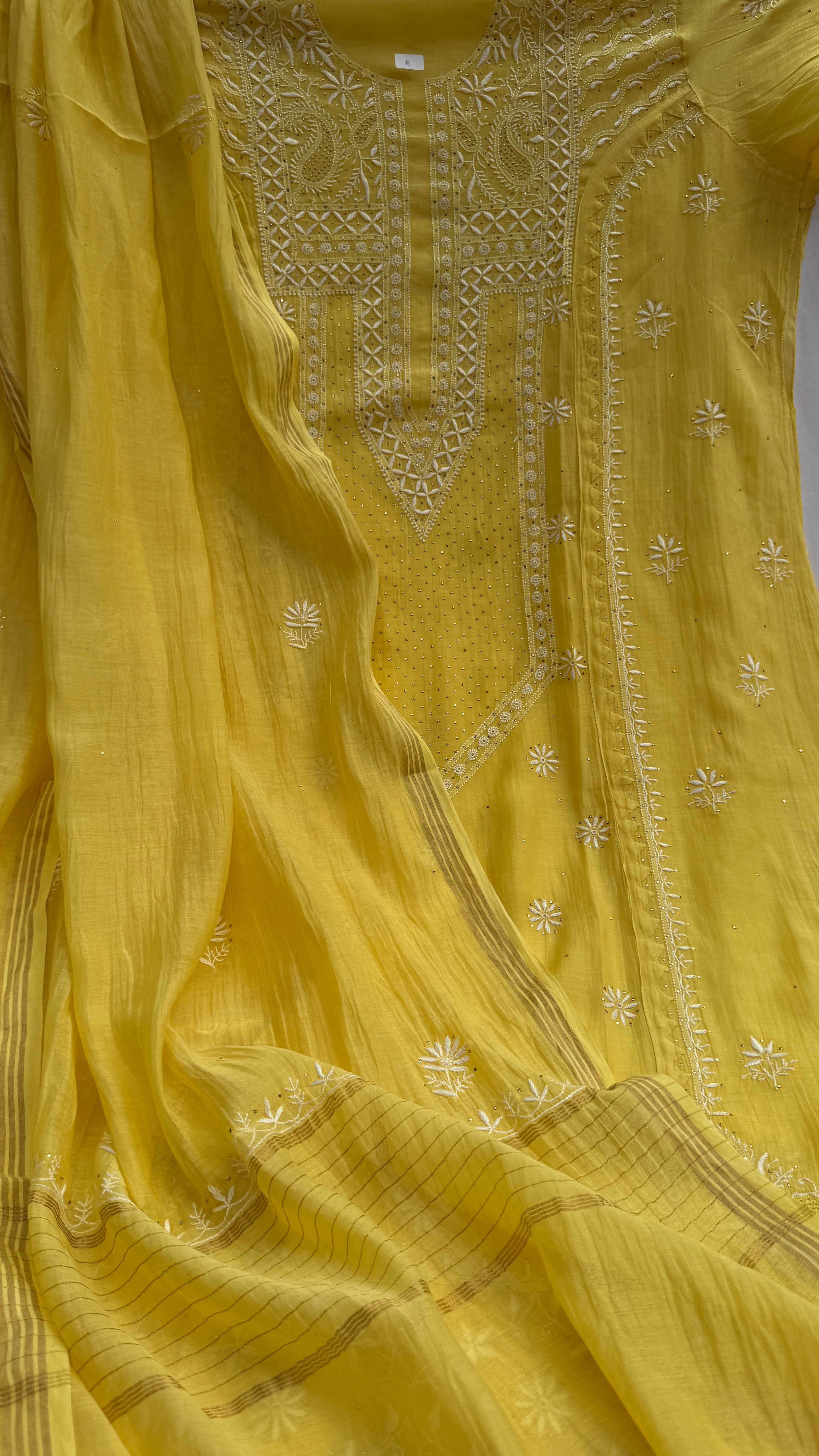 Mul Chanderi Chikankari Unstitched Length with Dupatta with Mukaish Add-On- Yellow