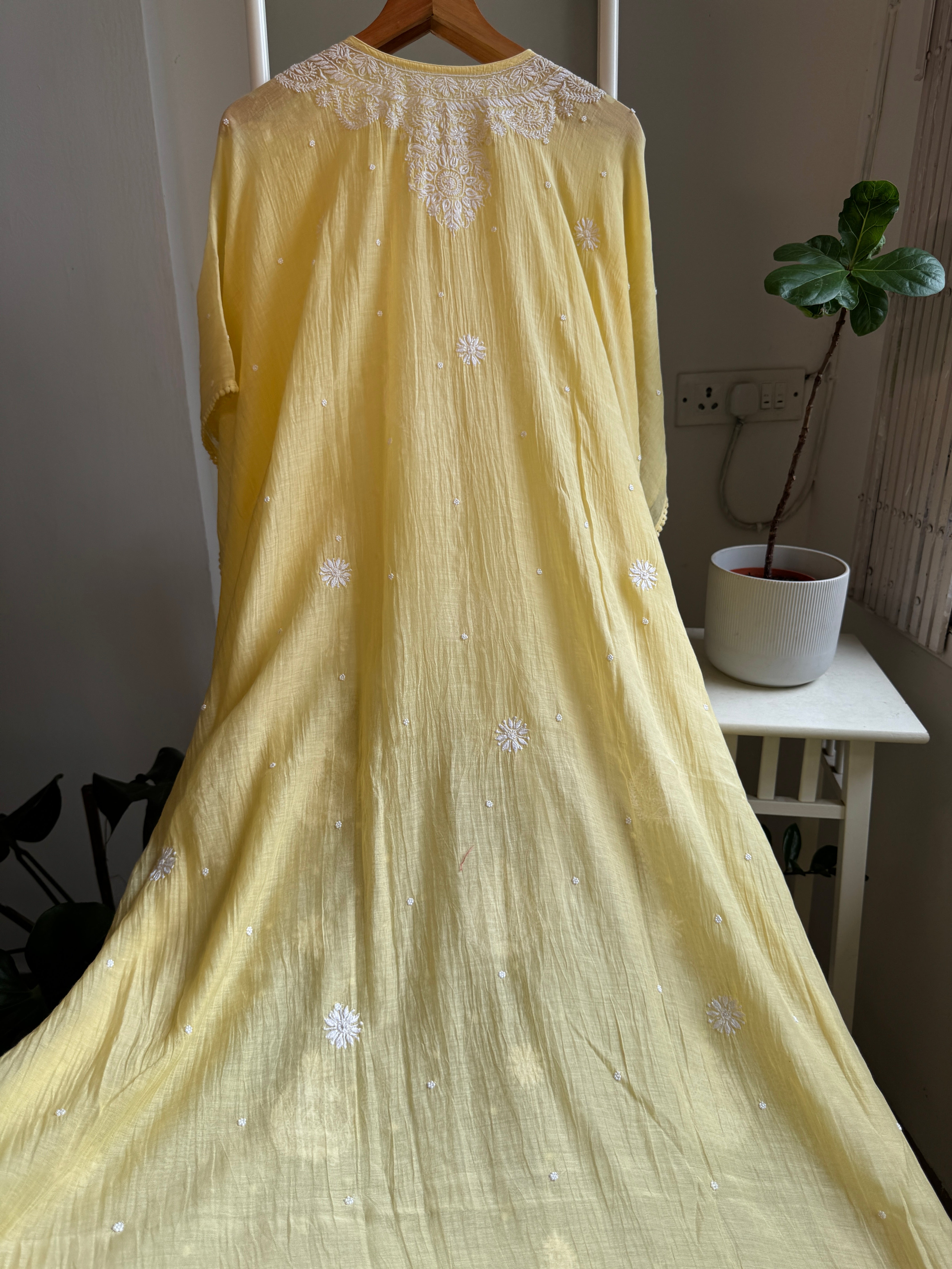 Mul Chanderi Chikankari Kaftan - Yellow ARIAA CHIKANKARI 